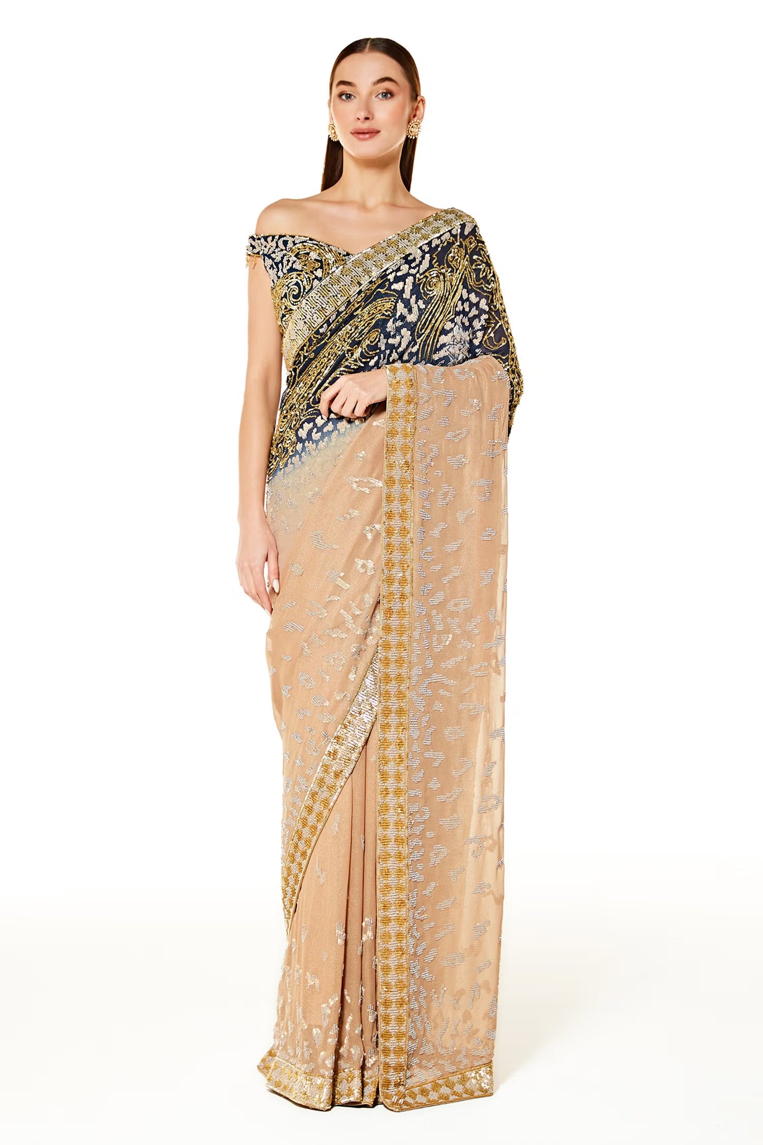 Gold With Blue Georgette Zaynab Shaded Saree