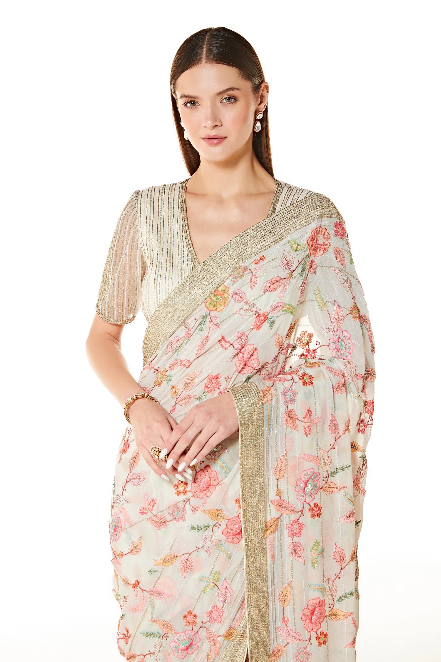 Ivory Georgette Zaynab Concept Saree With Blouse