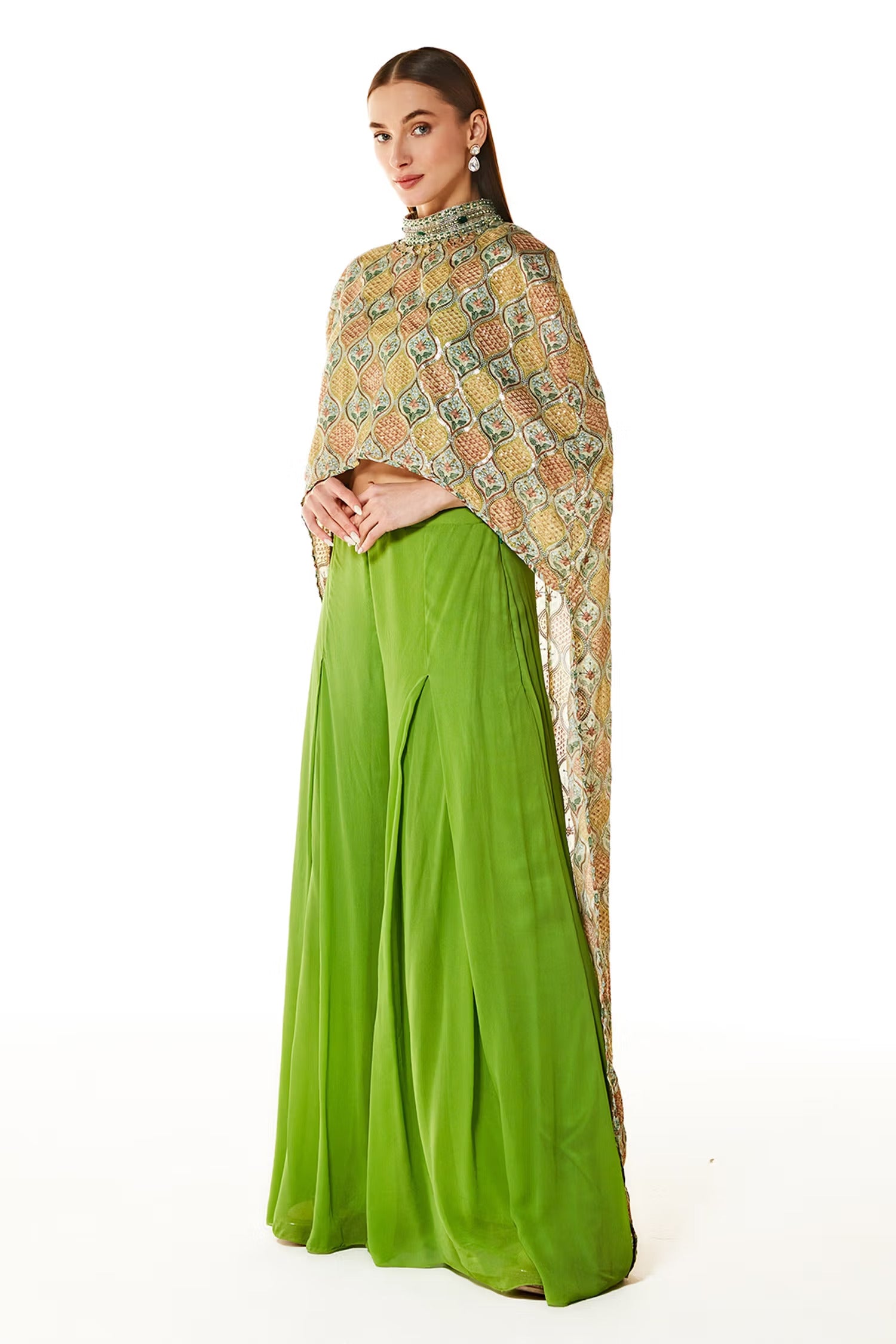 Multi Color Georgette Adha Printed Cape And Palazzo Set