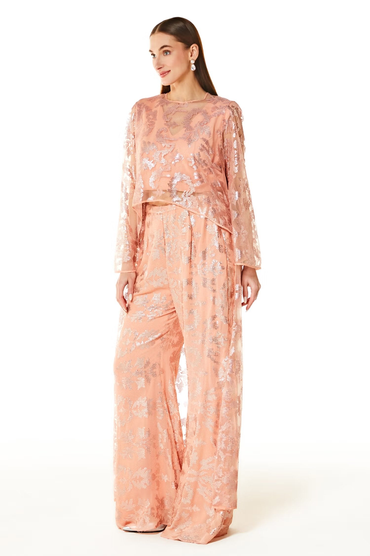 Peach Abstract Embroidered Cape And Palazzo Set