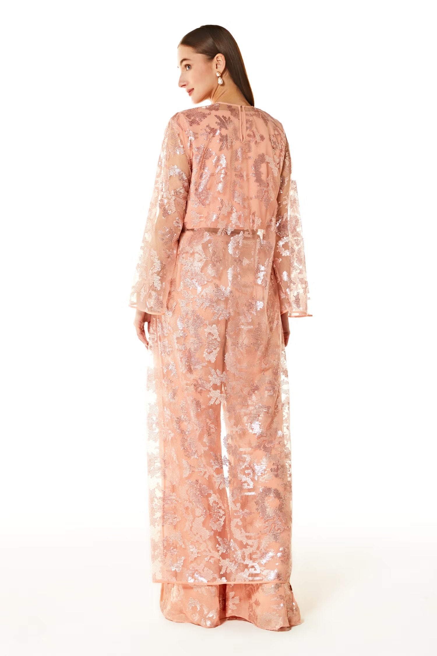 Peach Abstract Embroidered Cape And Palazzo Set