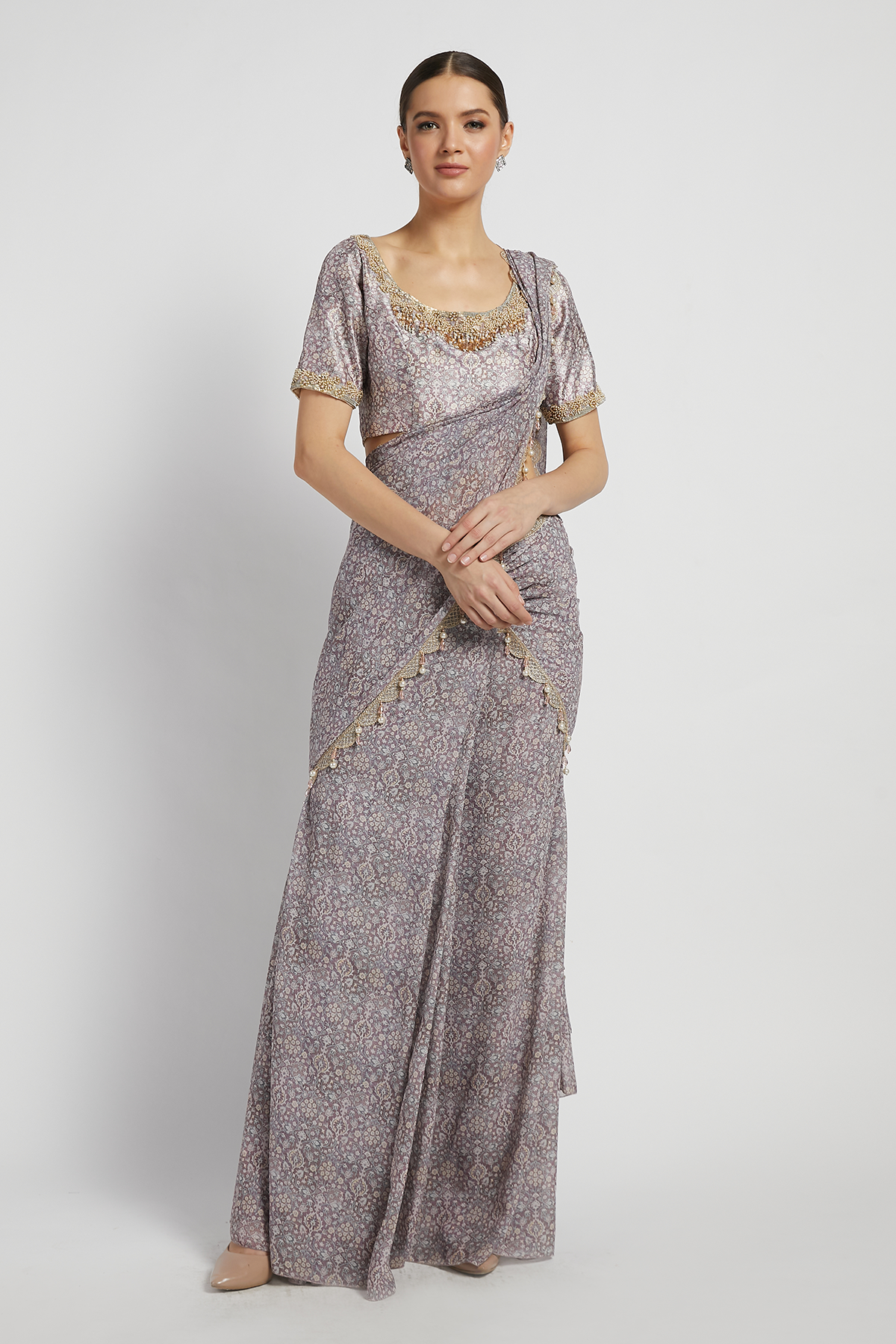 Amethyst Printed Draped Sairaa Saree Set