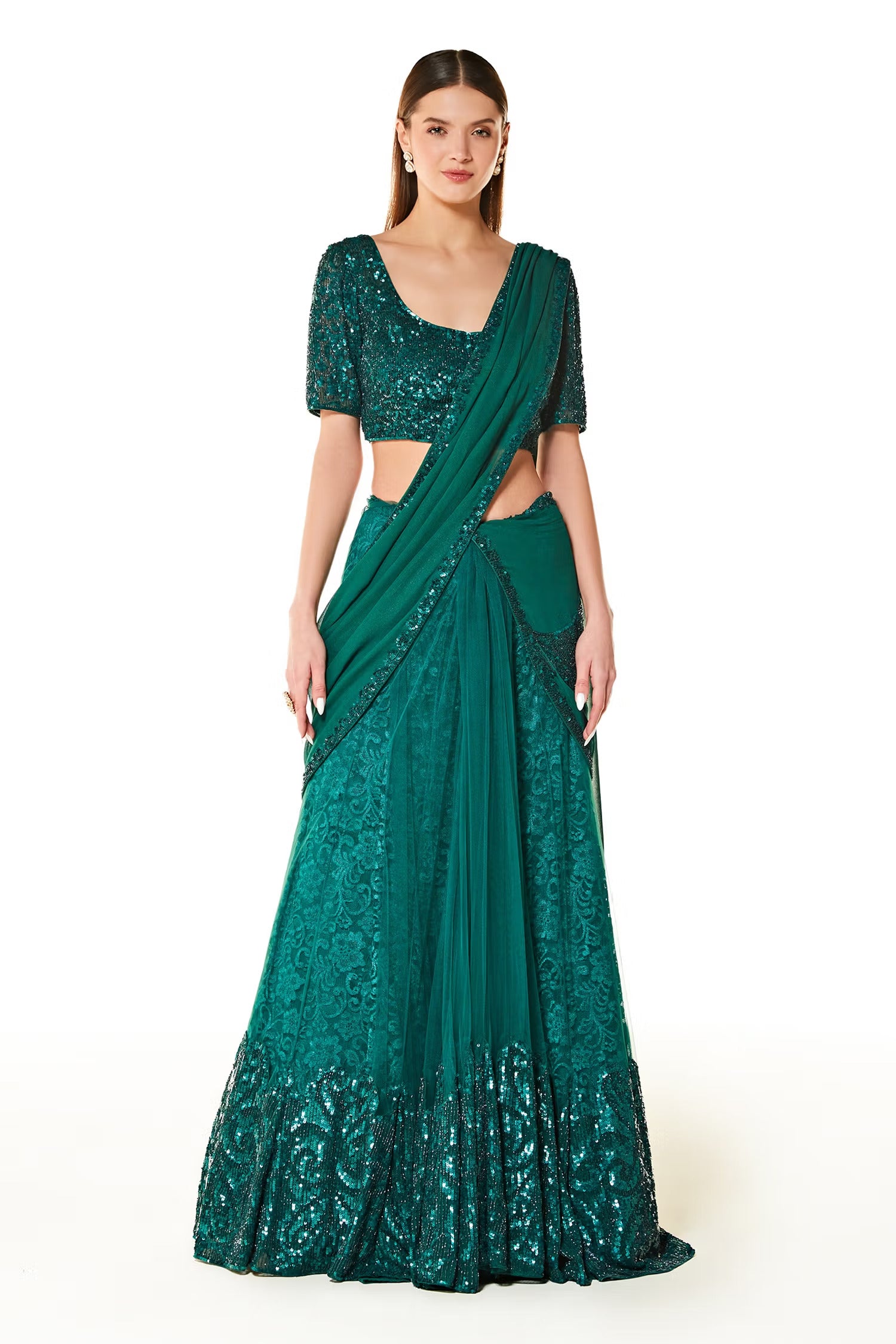Green Net Adha Embroidered Lehenga Saree With Blouse