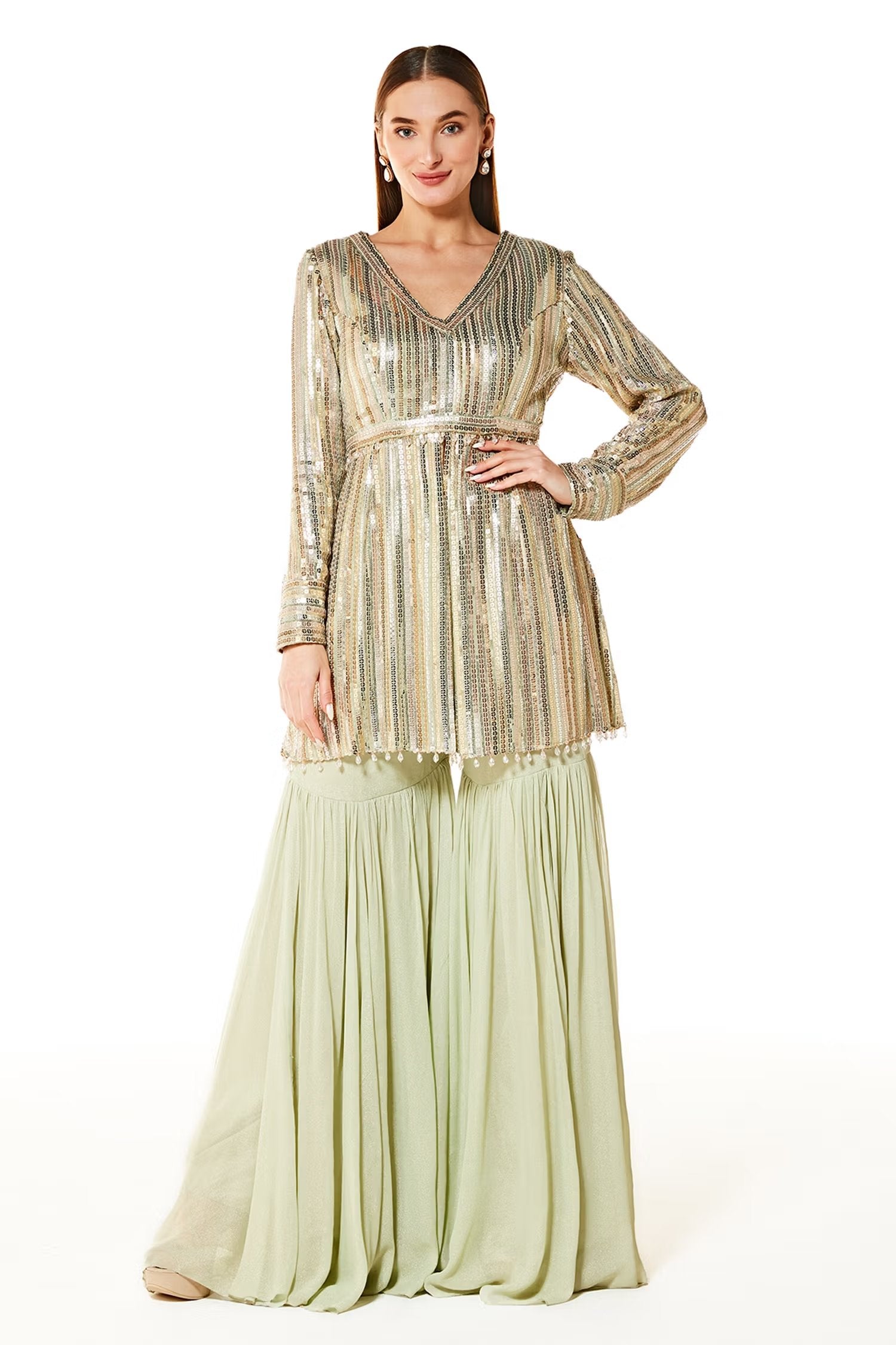 Green Dalia Sequin Embroidered Peplum And Sharara Set