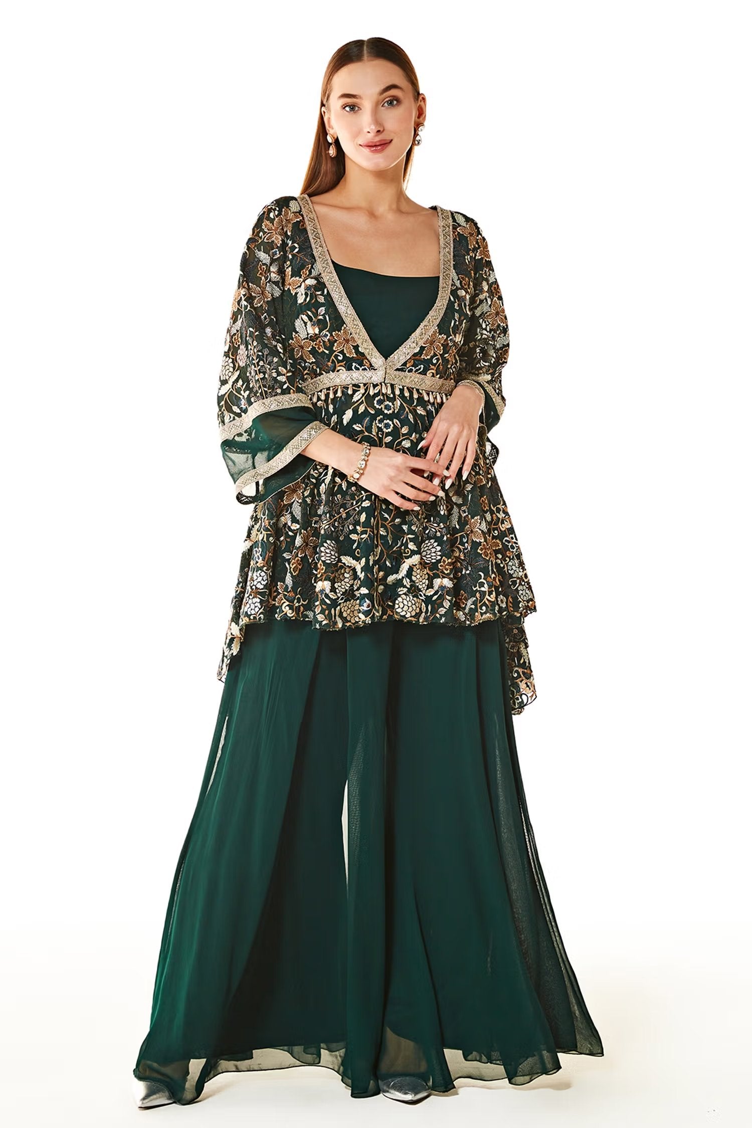 Green Dalia Floristry Embroidered Peplum And Gharara Set