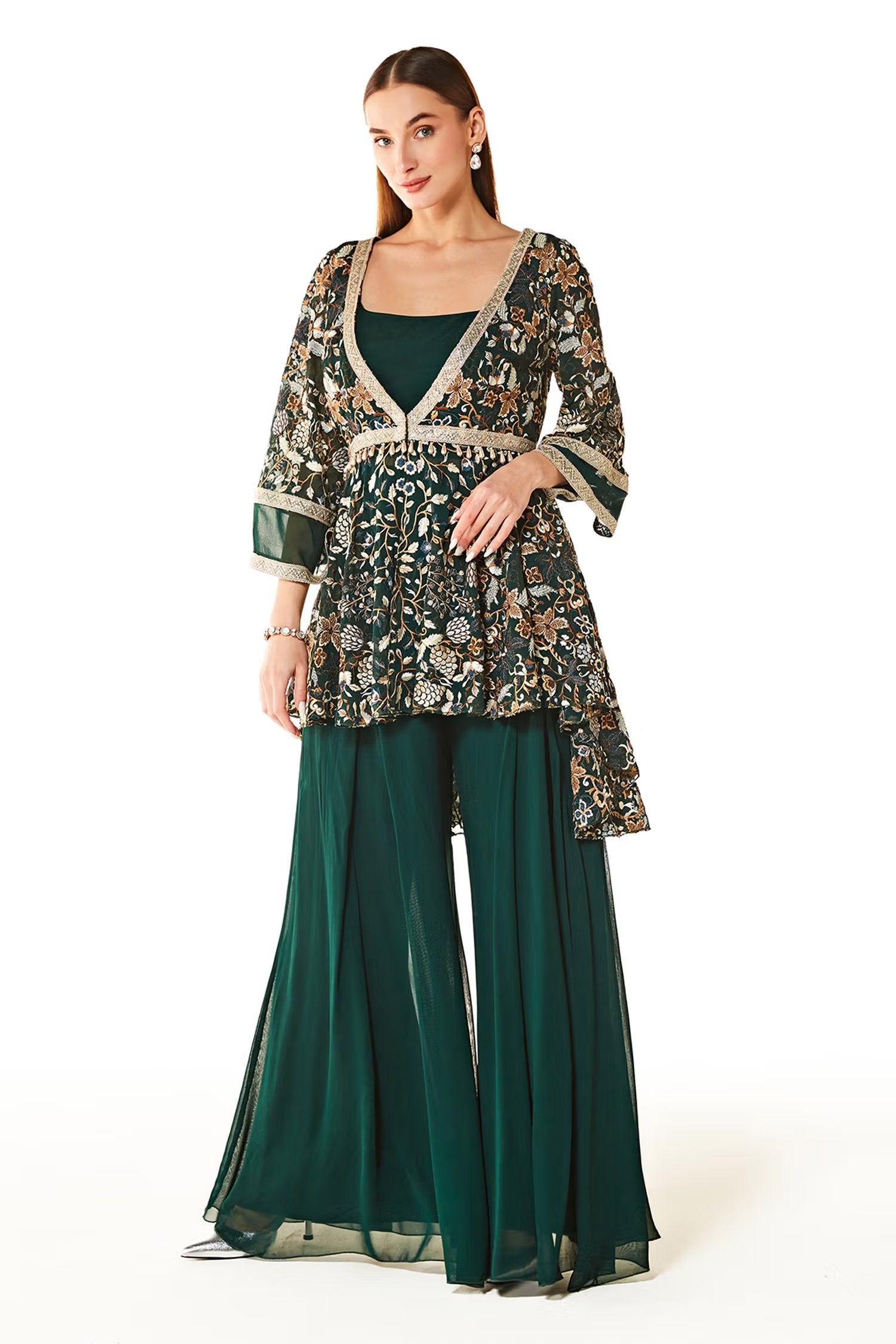 Green Dalia Floristry Embroidered Peplum And Gharara Set