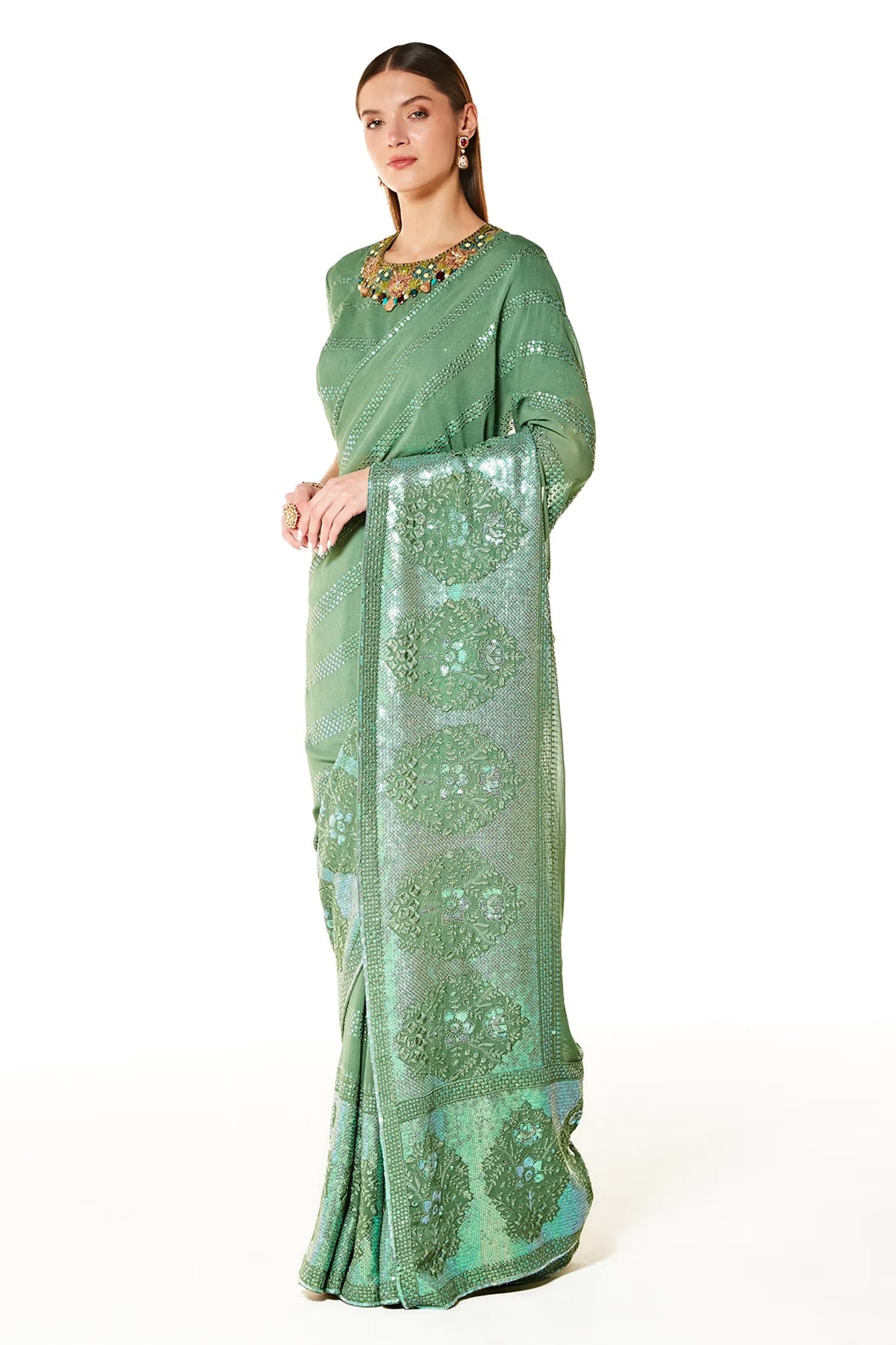Green Zaynab Stripe Embroidered Saree With Blouse