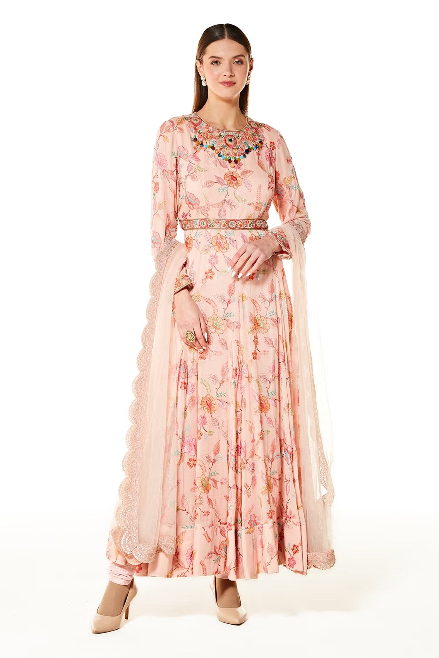 Pink Georgette Tropical Embroidered Anarkali Set