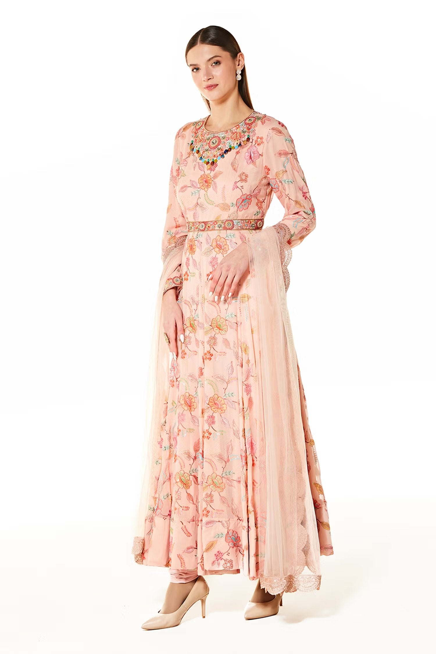 Pink Georgette Tropical Embroidered Anarkali Set