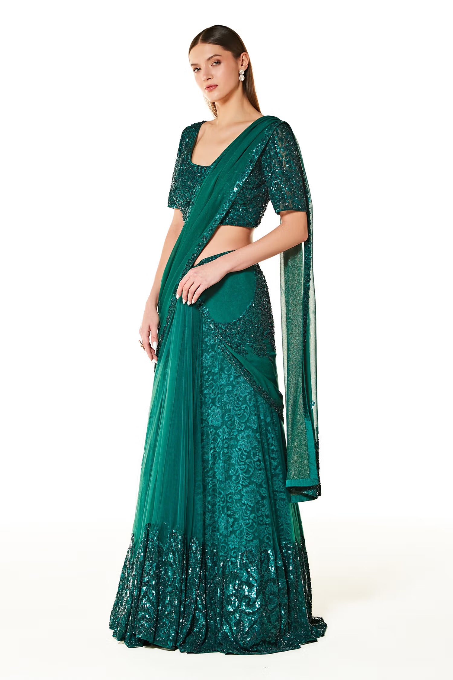Green Net Adha Embroidered Lehenga Saree With Blouse