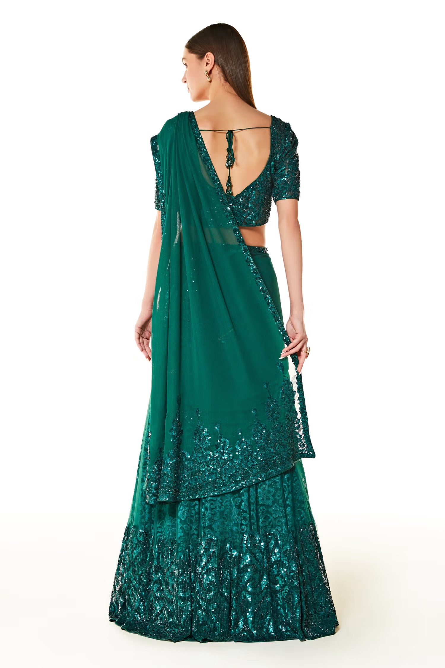 Green Net Adha Embroidered Lehenga Saree With Blouse
