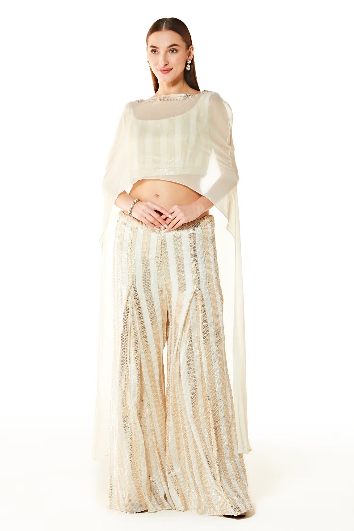Ivory Adha Net Cape And Palazzo Set