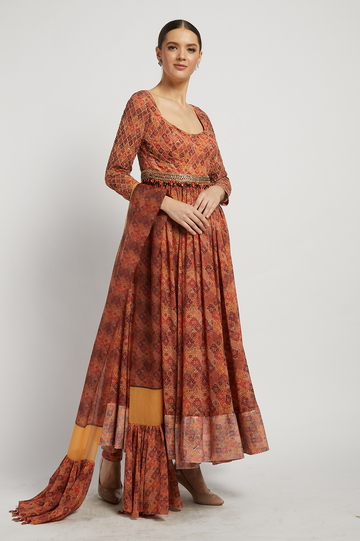 Coral Print Dalia Anarkali Set With Dupatta