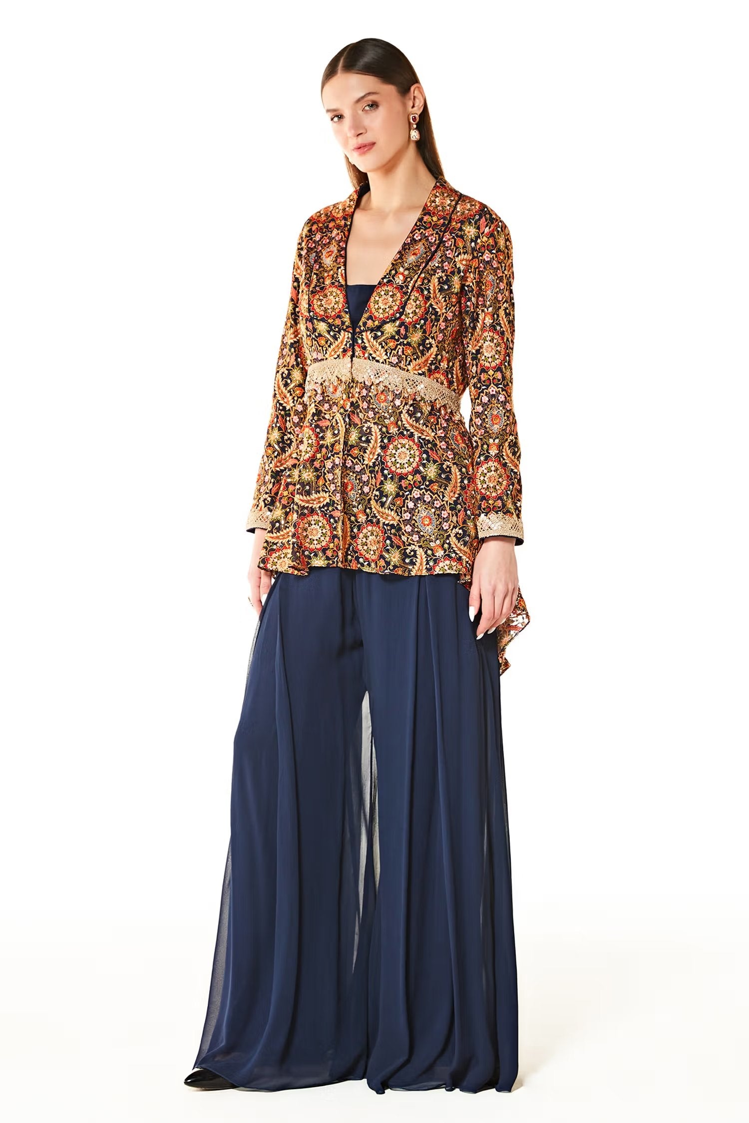 Blue Dalia Embroidered Peplum And Gharara Set