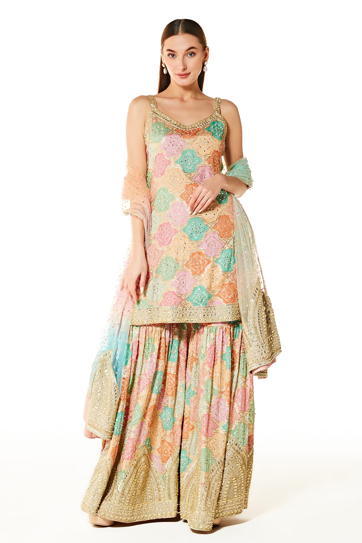 Multi Color Ayat Bandhani Kurta Gharara Set