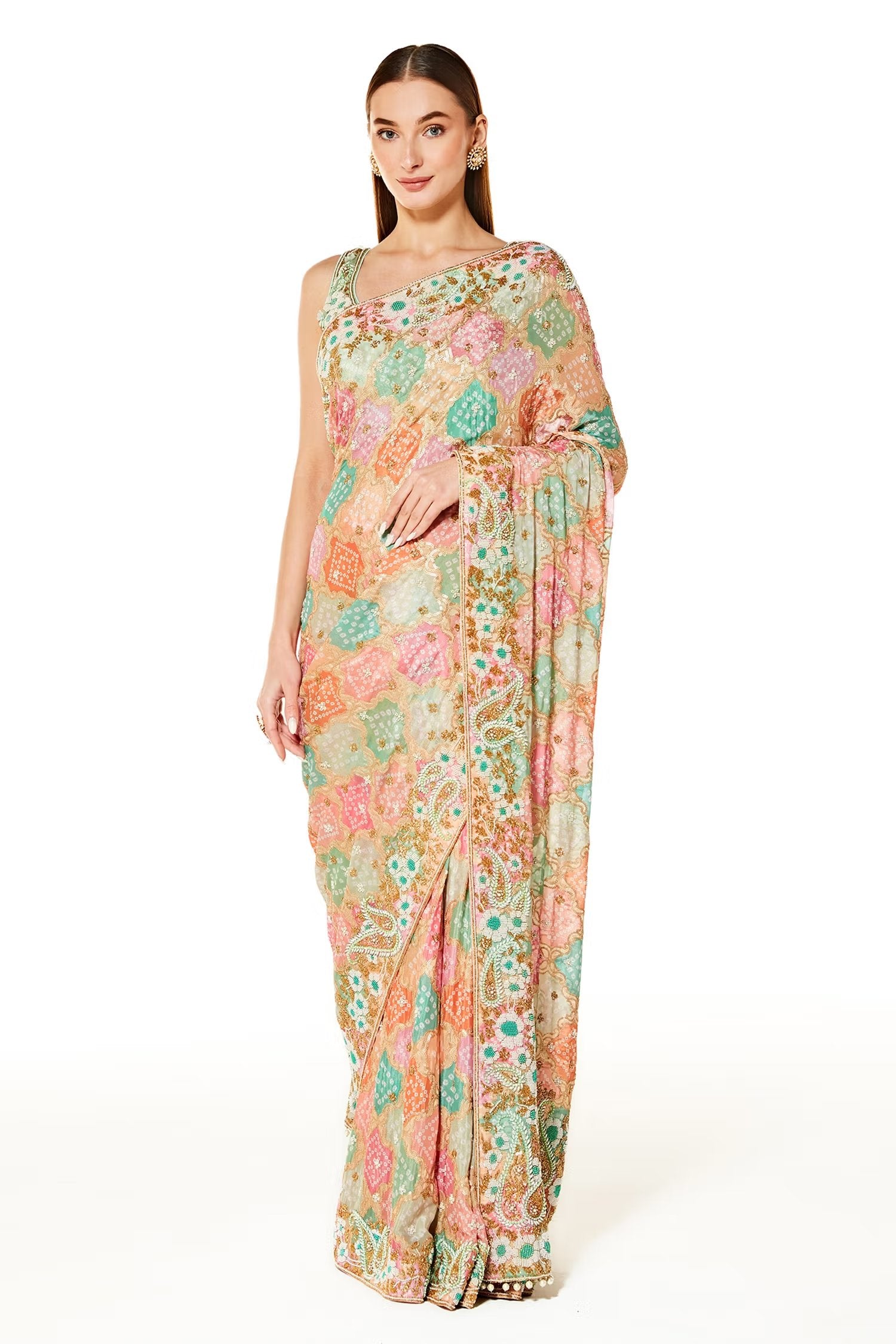 Multi Color Zaynab Bandhani Saree With Embroidered Blouse