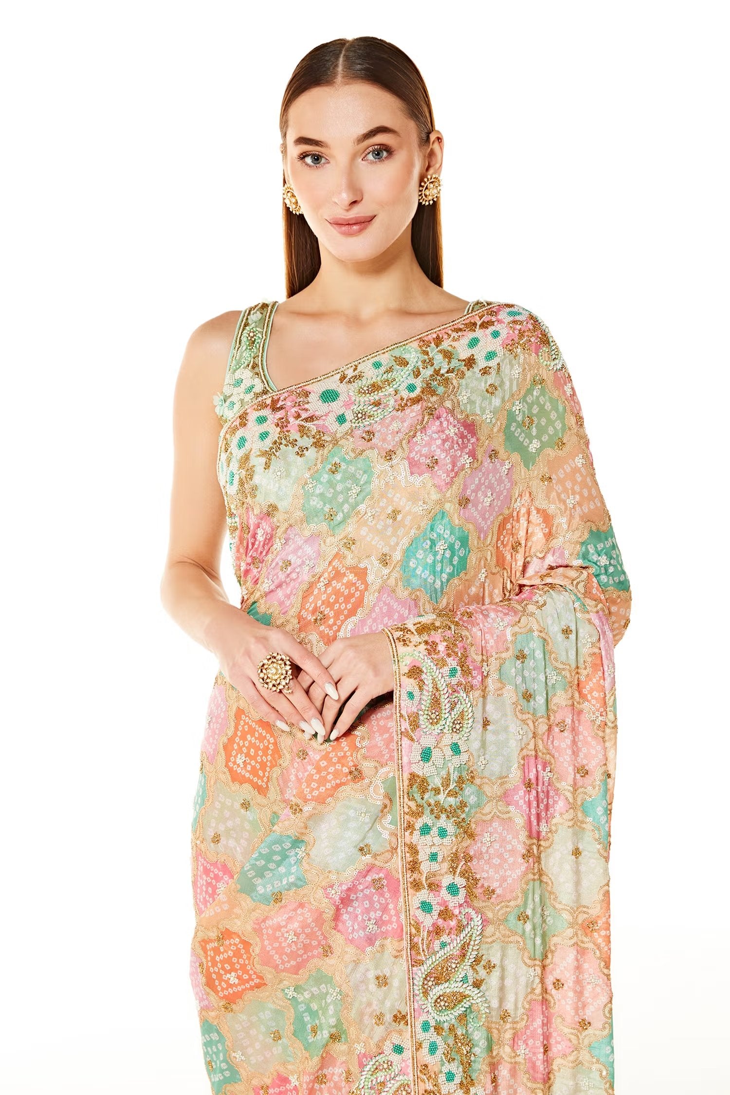 Multi Color Zaynab Bandhani Saree With Embroidered Blouse