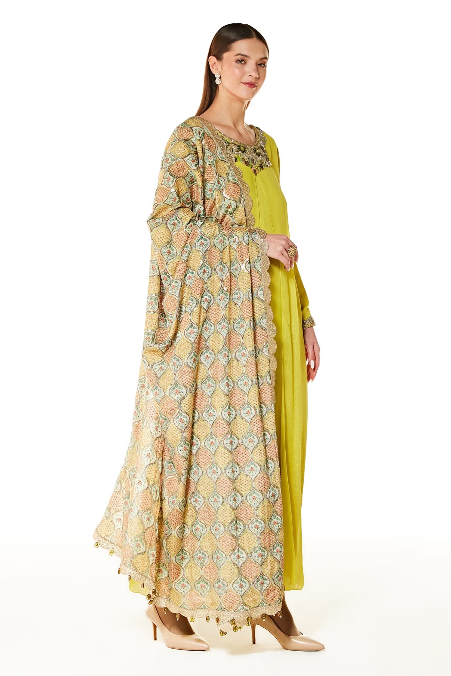 Green Ayat Kurta Set With Jaal Print Dupatta