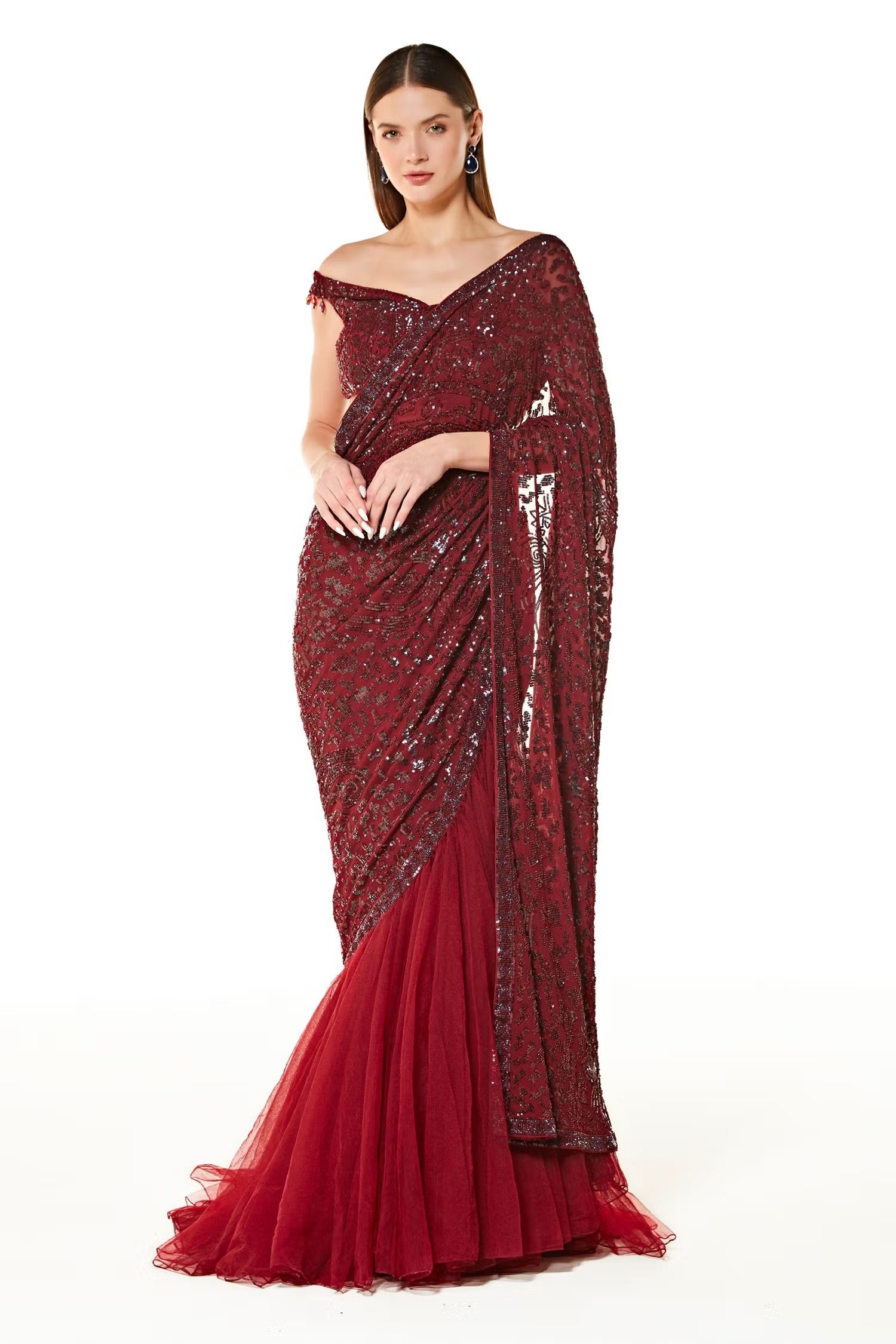 Maroon Net Sairaa Embroidered Lehenga Saree