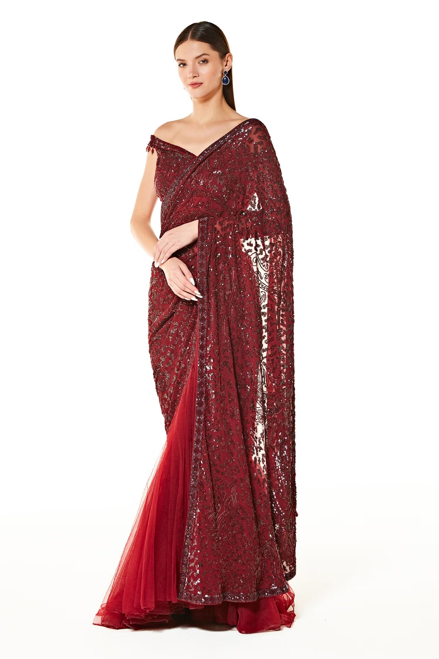 Maroon Net Sairaa Embroidered Lehenga Saree