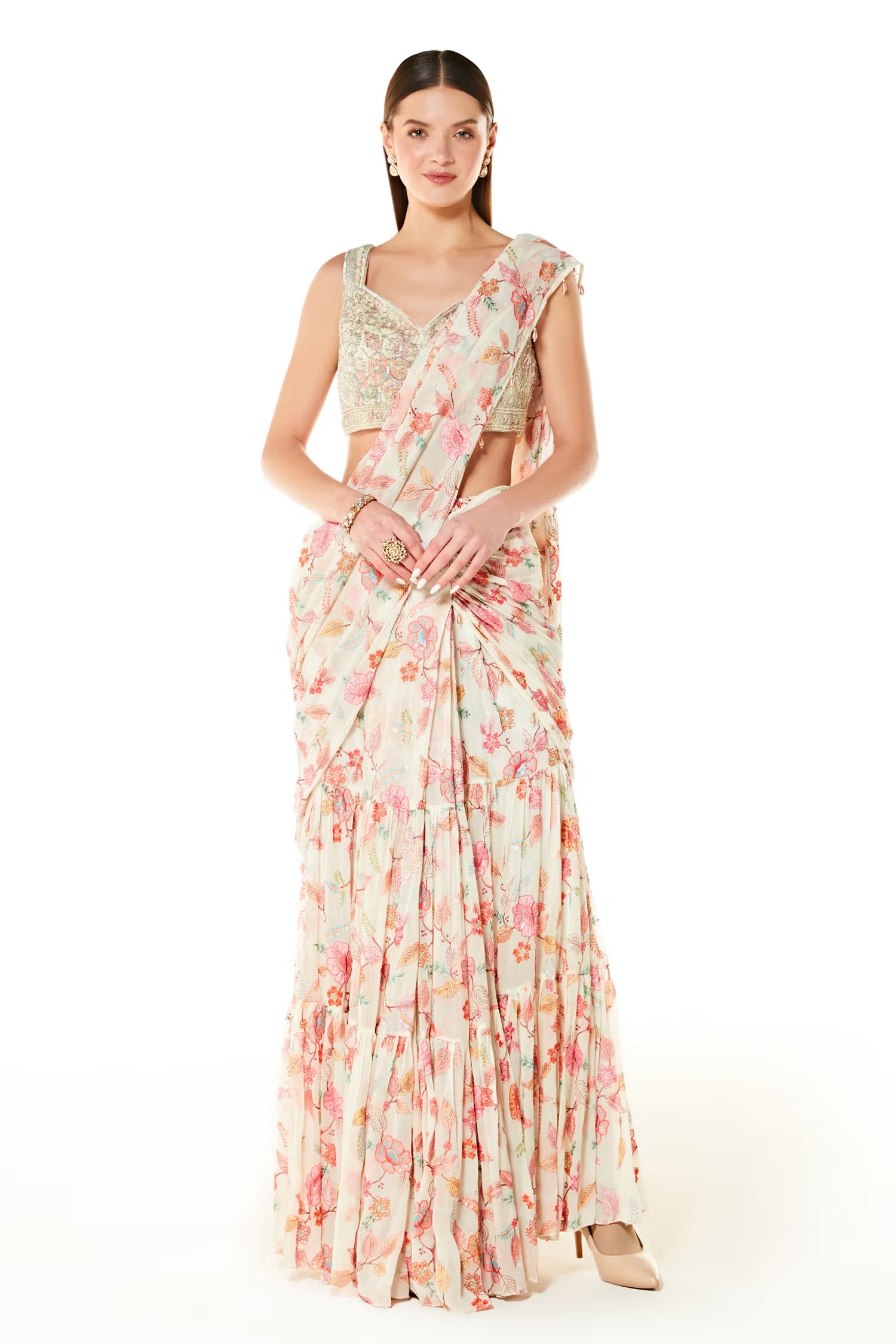 Ivory Georgette Sairaa Floral Embroidered Saree Set