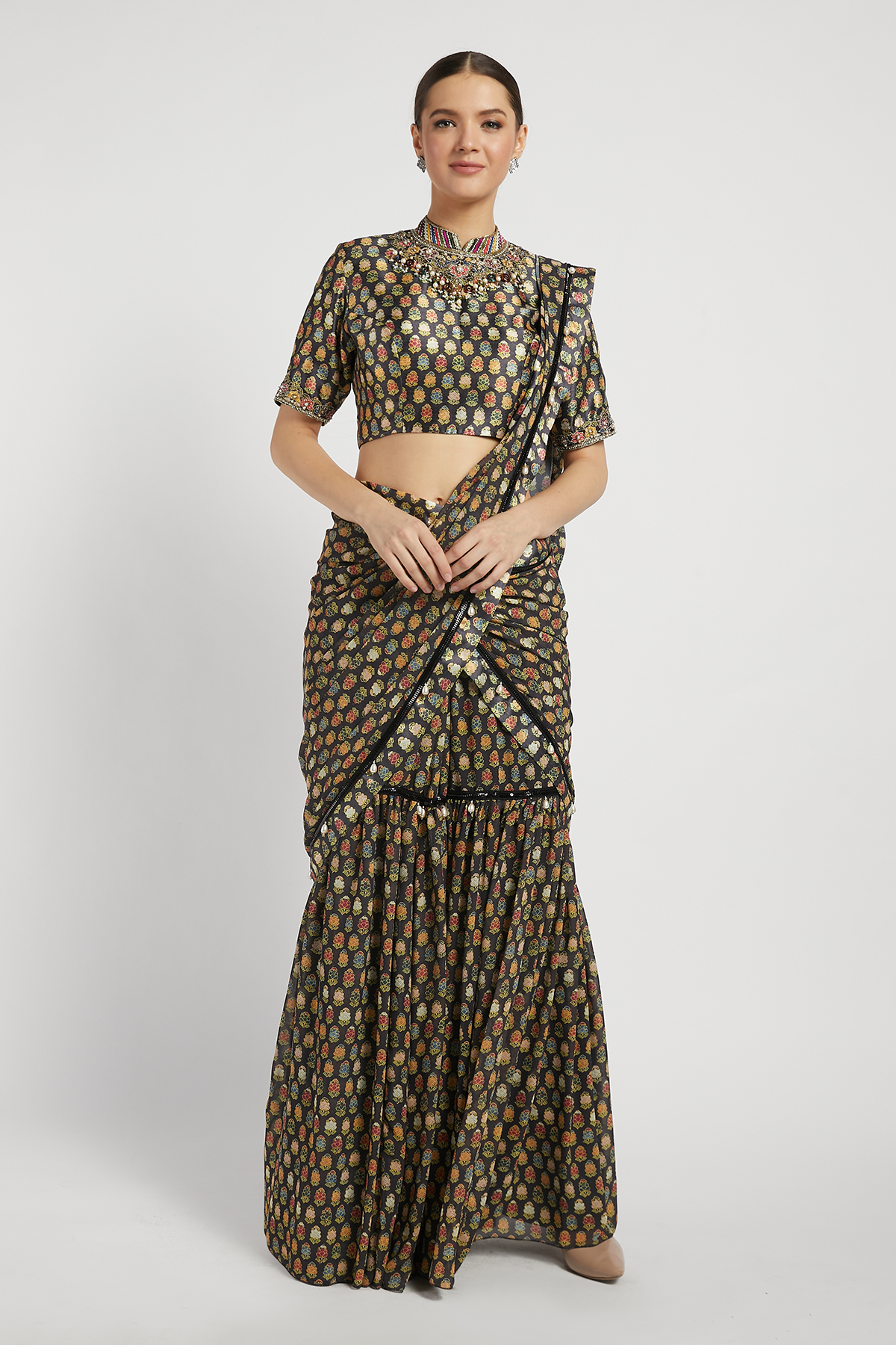 Black Draped Sairaa Saree Set With Butti Work