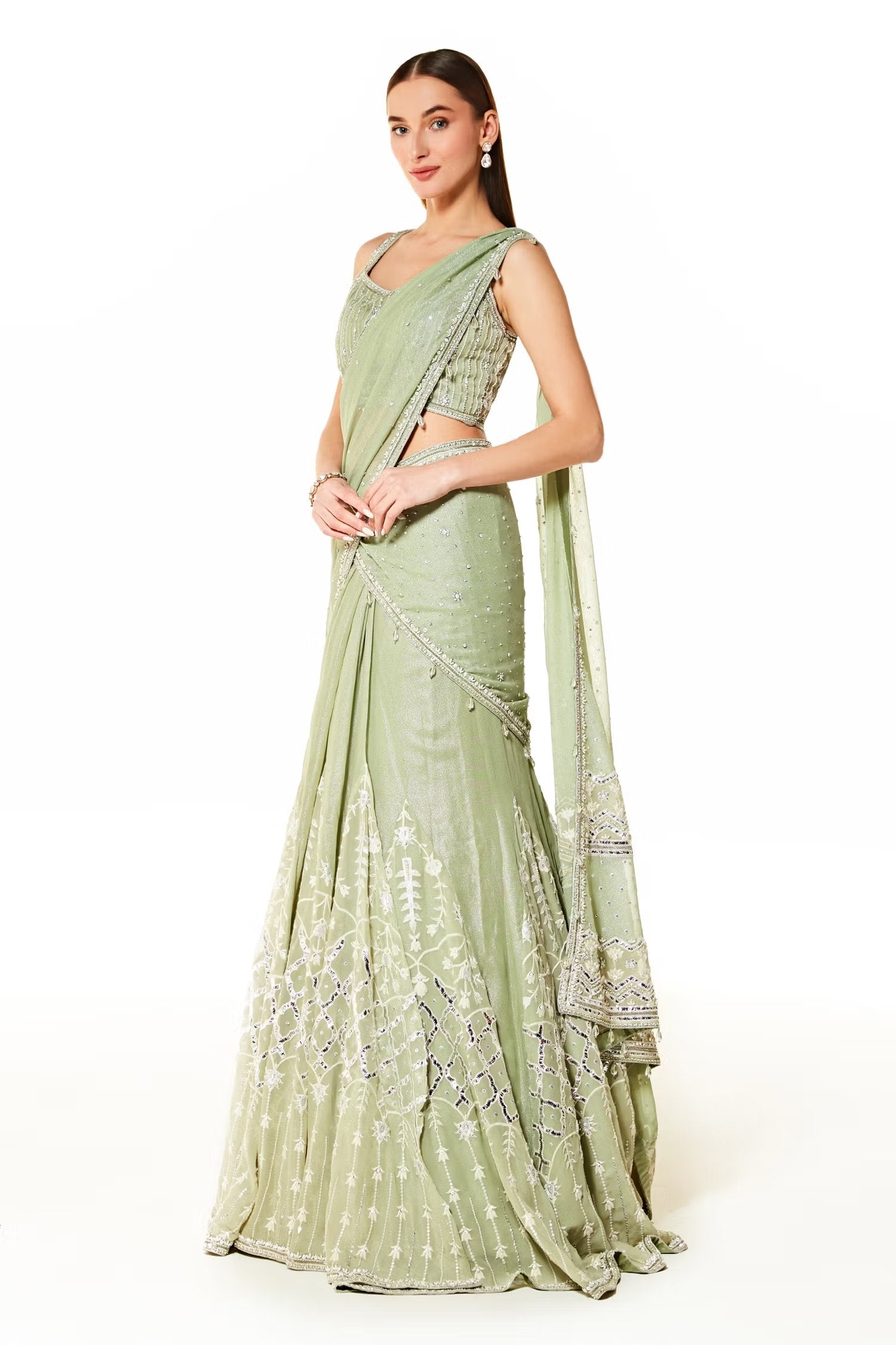 Green Georgette Adha Embroidered Lehenga Saree Set