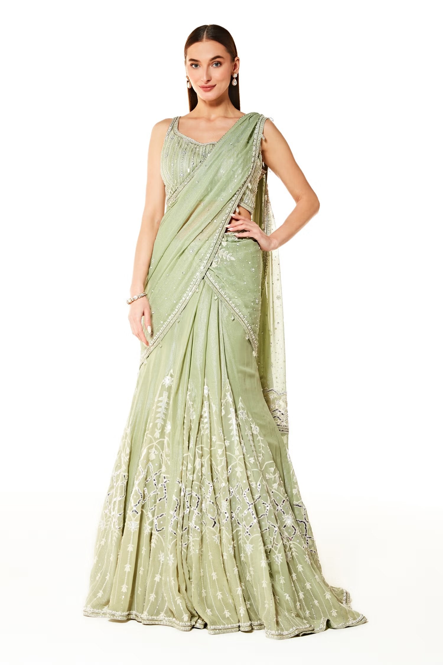 Green Georgette Adha Embroidered Lehenga Saree Set