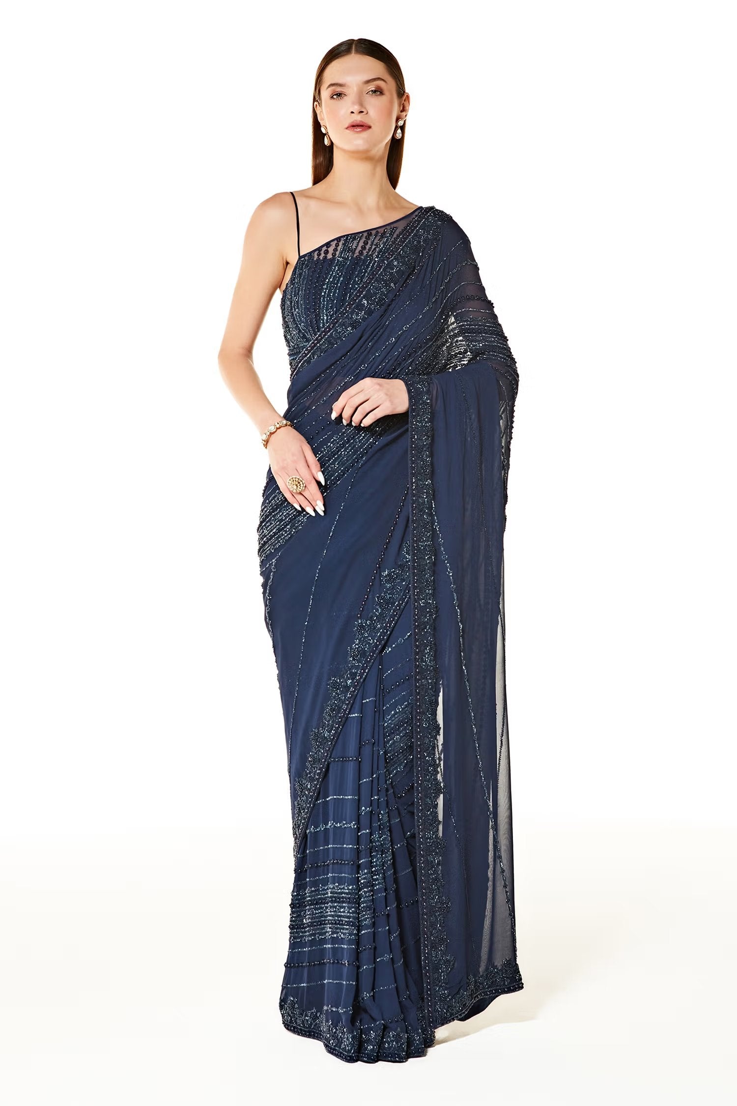 Blue Georgette Zaynab Embroidered Saree With Strappy Blouse
