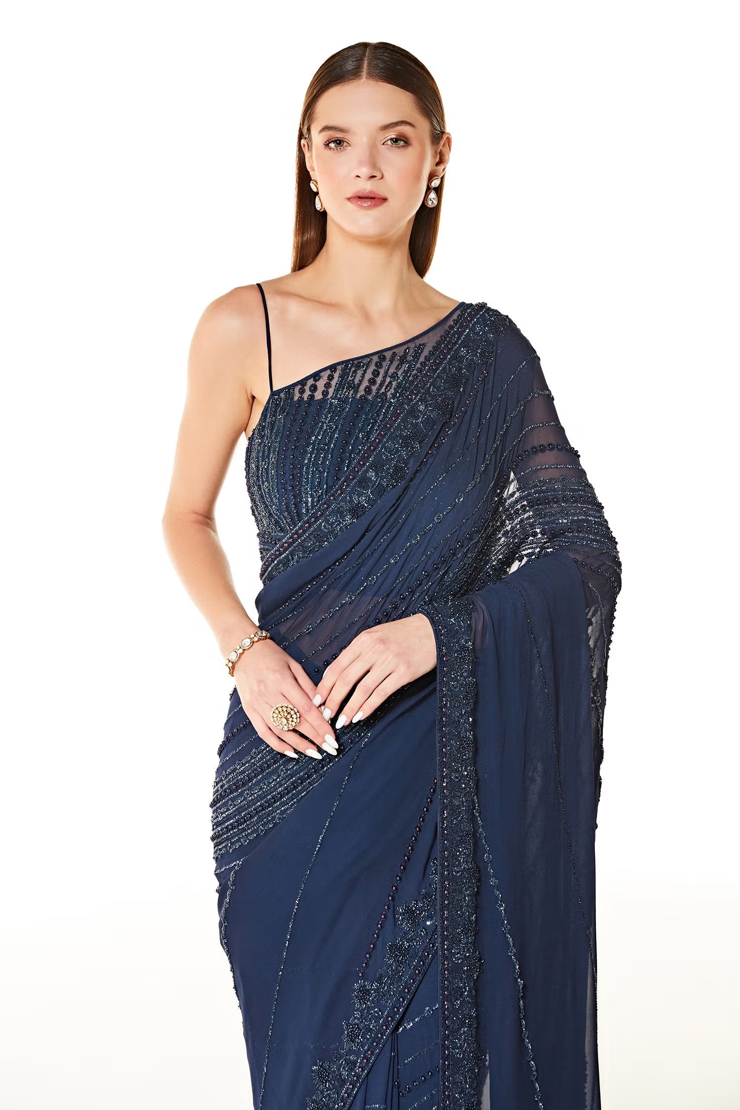 Blue Georgette Zaynab Embroidered Saree With Strappy Blouse