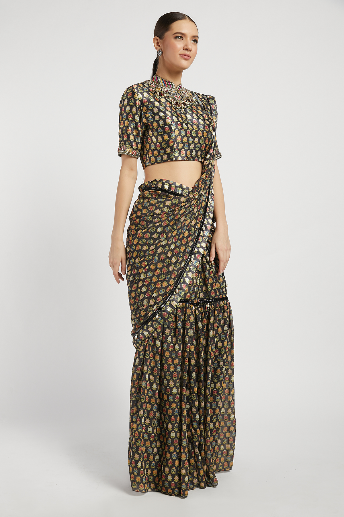 Black Draped Sairaa Saree Set With Butti Work