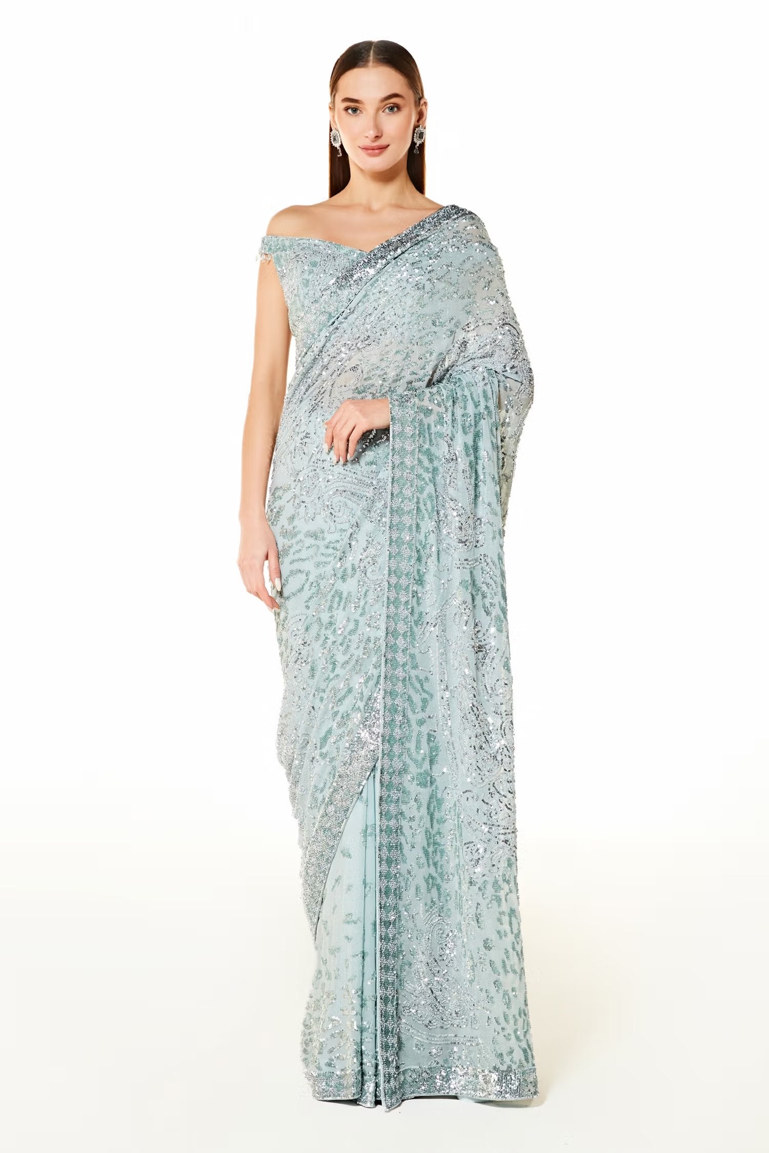 Silver Georgette Zaynab Hand Embroidered Saree