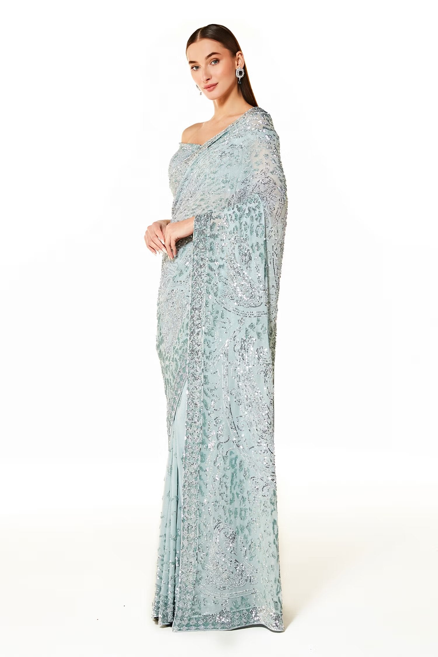 Silver Georgette Zaynab Hand Embroidered Saree