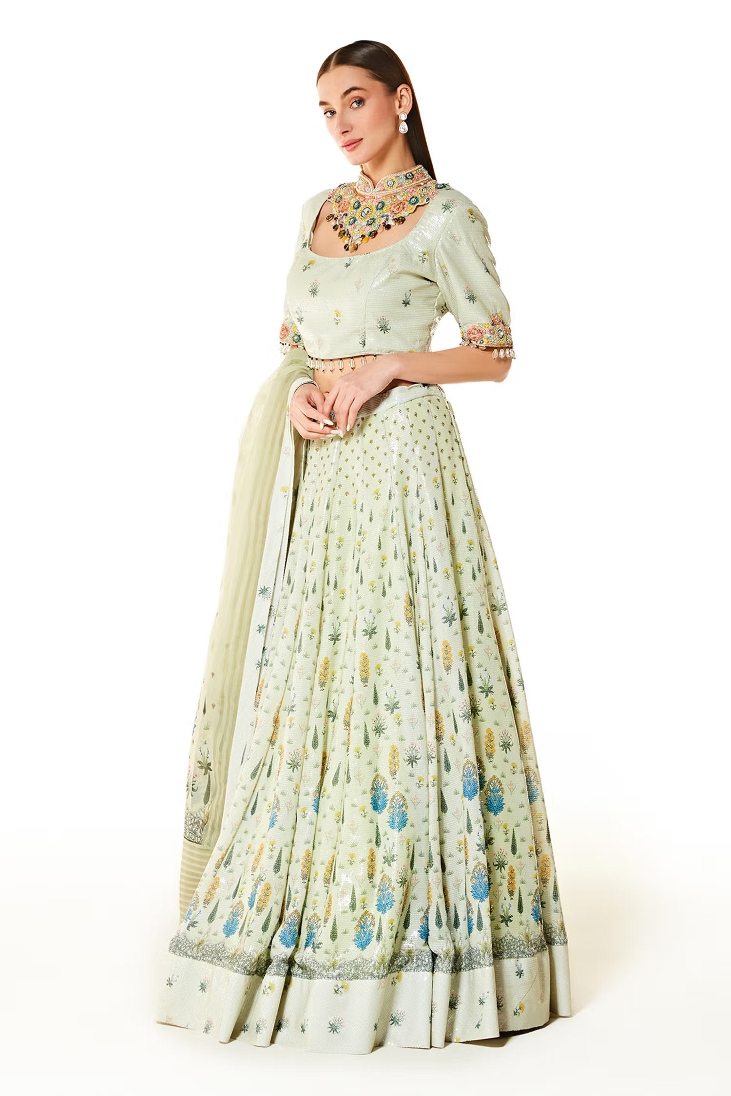 Green Organza Nadia Floral Print Sequin Lehenga Set
