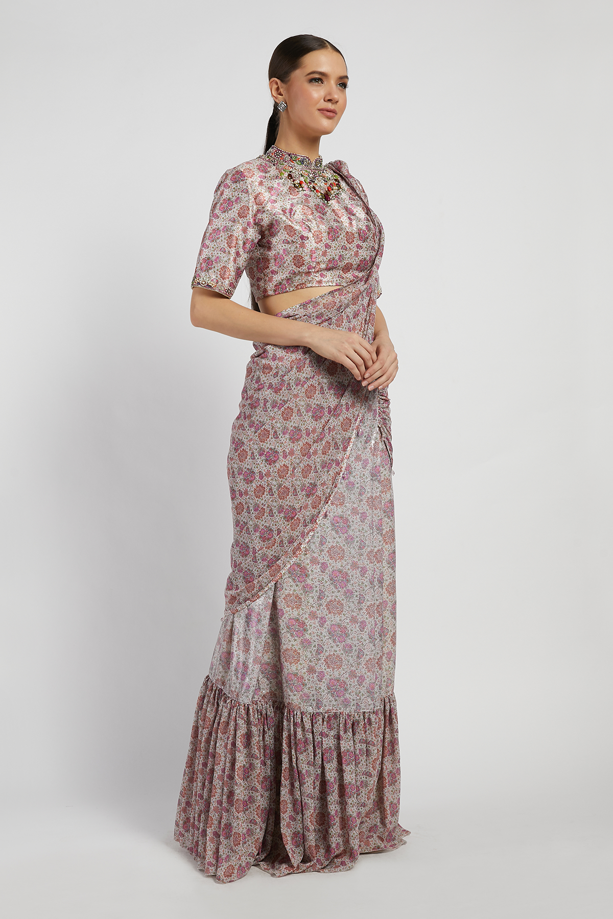 Pink Bloom Printed Sairaa Saree Set