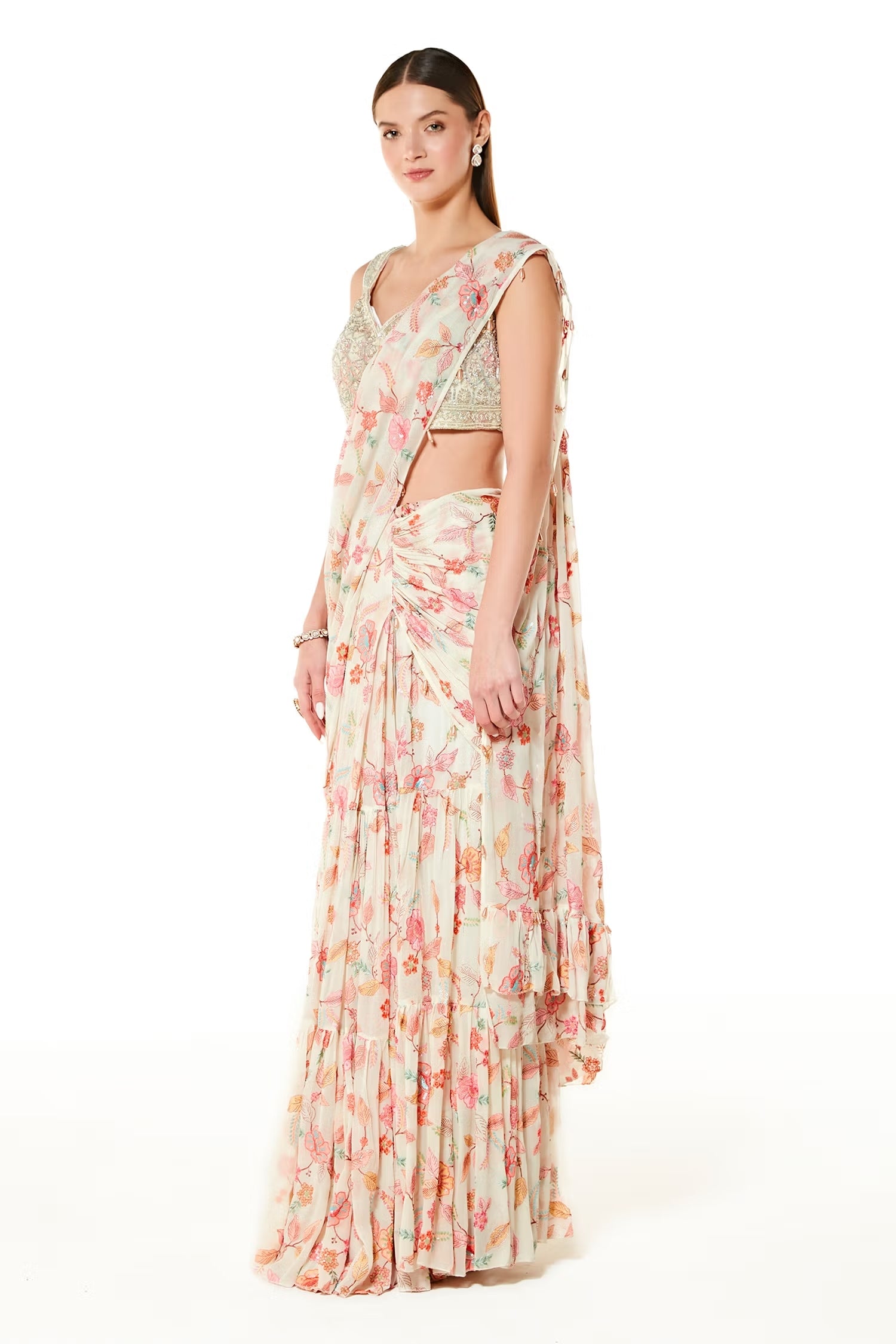 Ivory Georgette Sairaa Floral Embroidered Saree Set