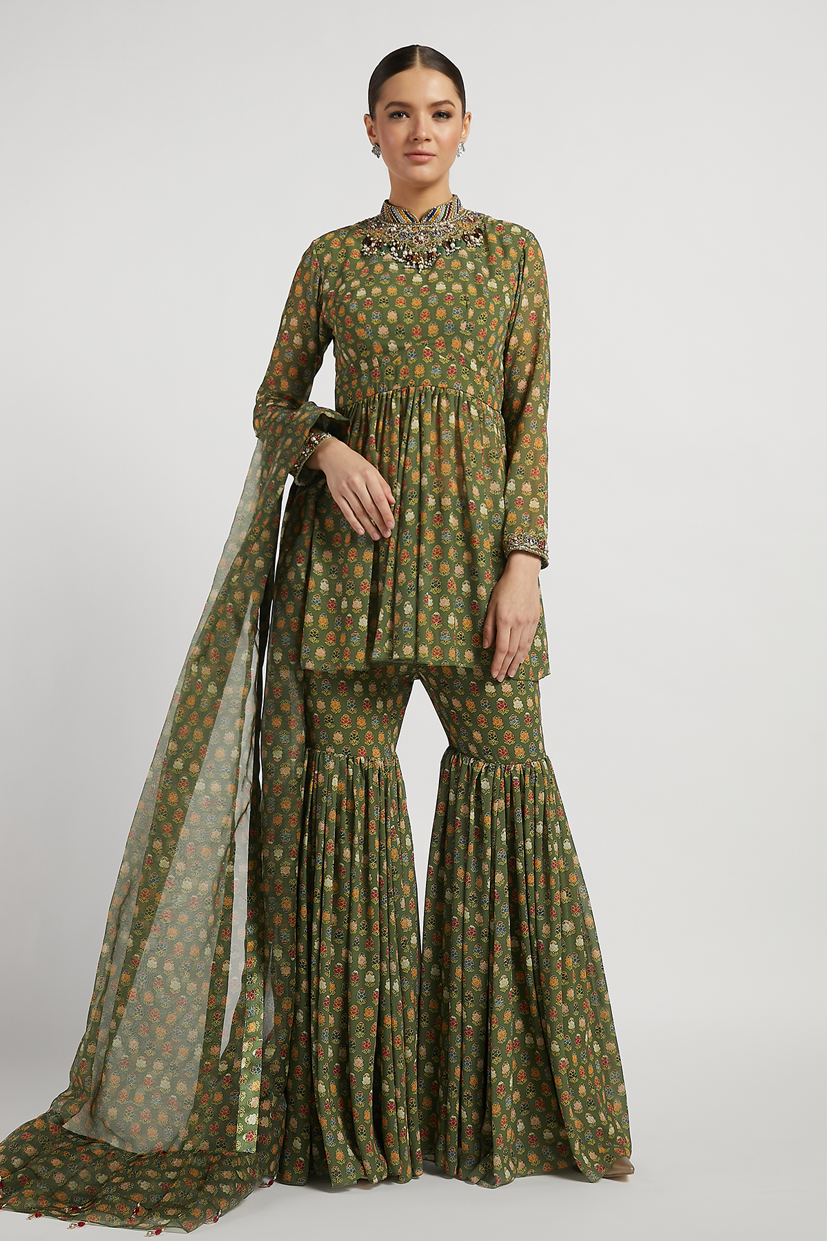 Green Peplum Dalia Kurta Set With Butti Work