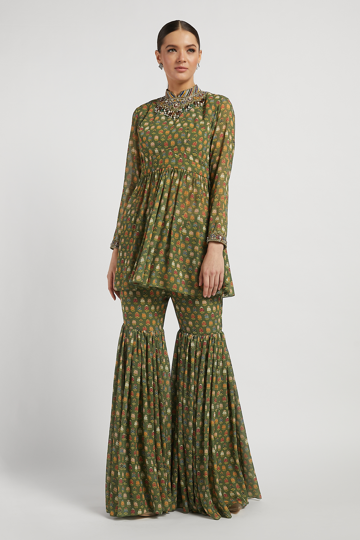 Green Peplum Dalia Kurta Set With Butti Work