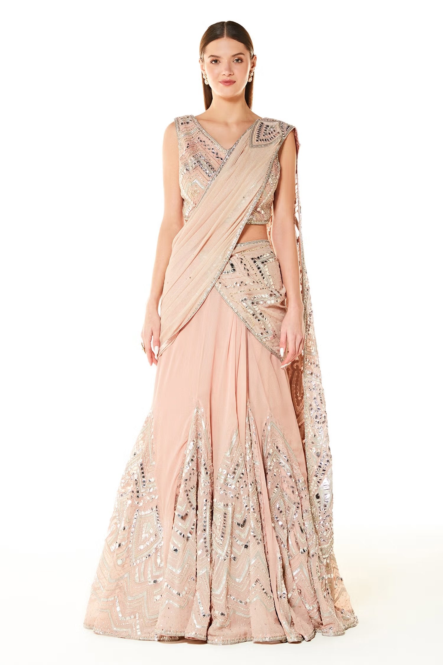 Peach Adha Embroidered Lehenga Saree With Blouse