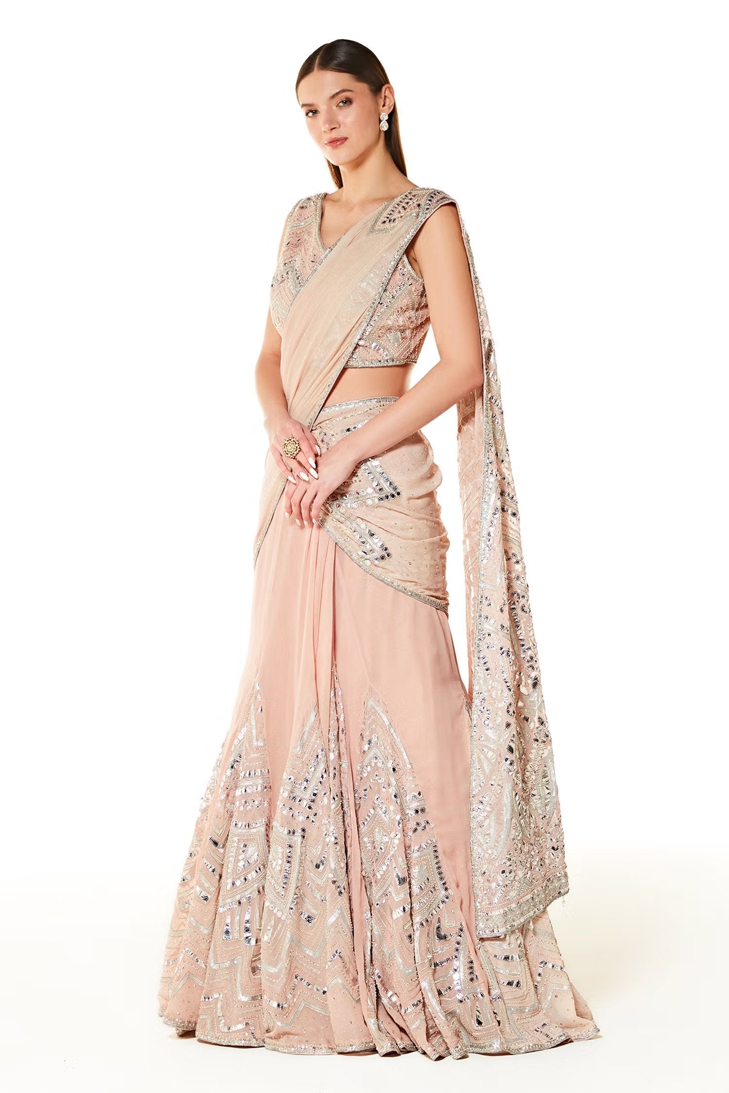 Peach Adha Embroidered Lehenga Saree With Blouse