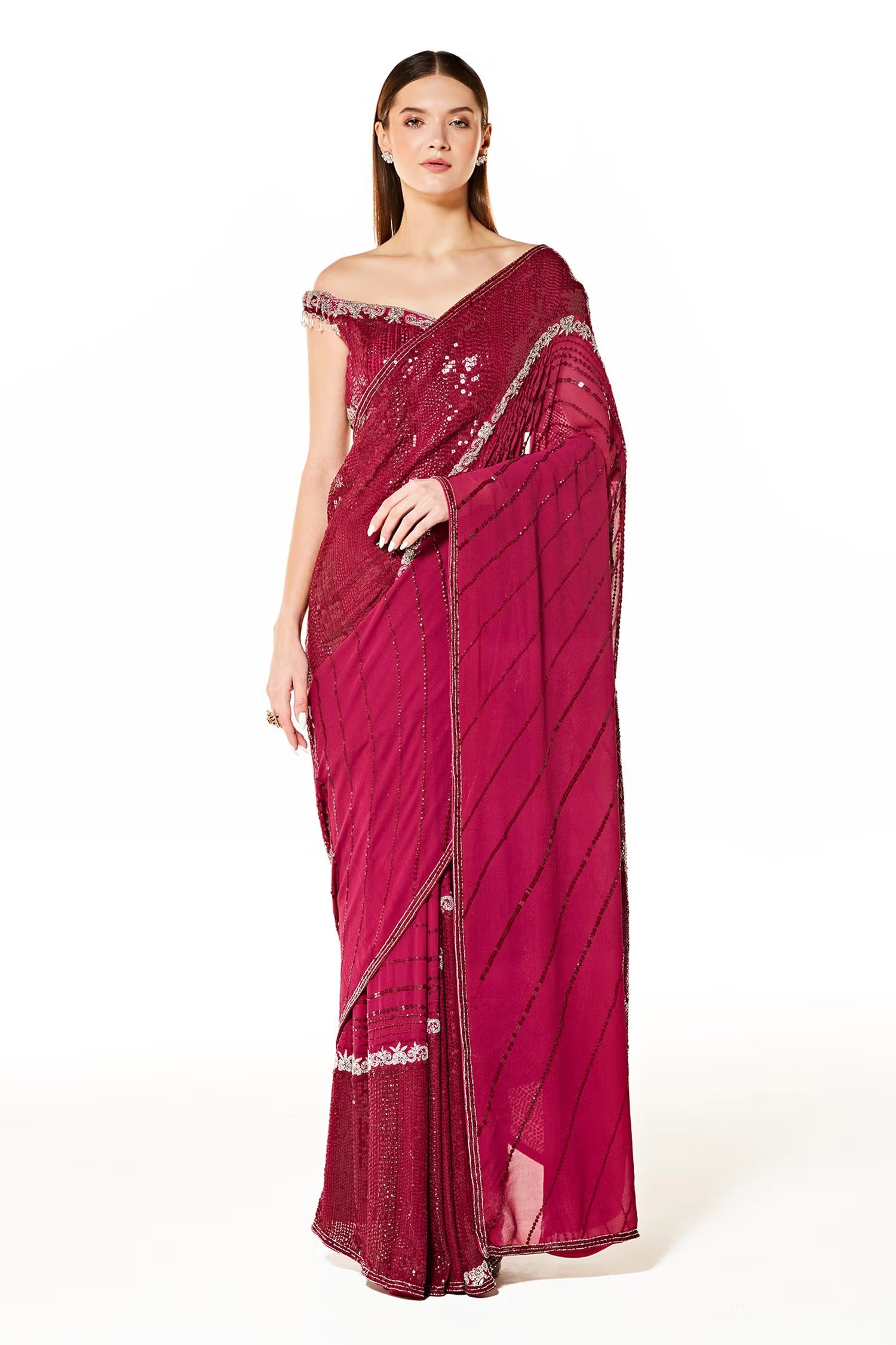 Wine Georgette Zaynab Saree With Off Shoulder Blouse