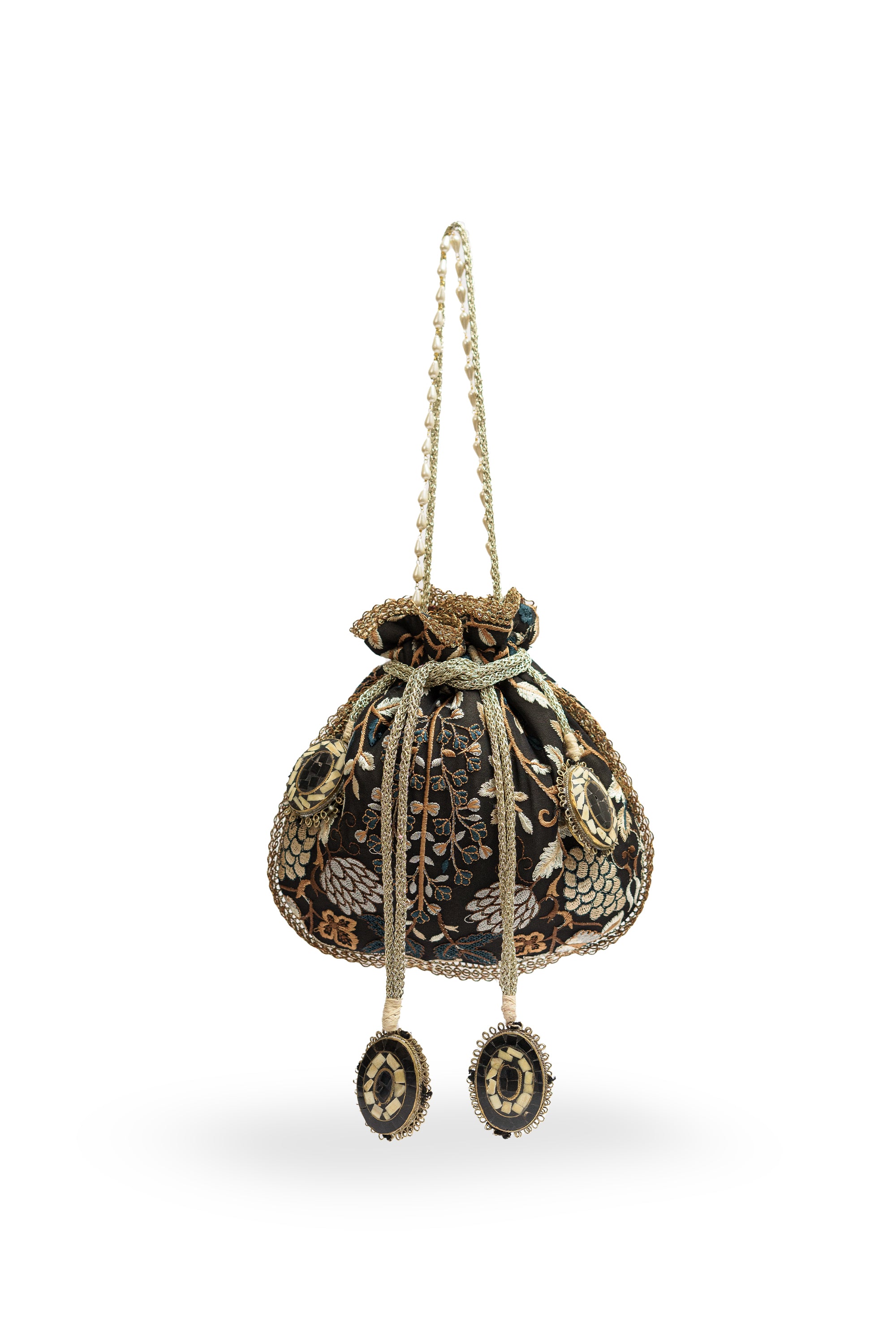 Black Parsi Gara Hand Embroidered Potli Bag