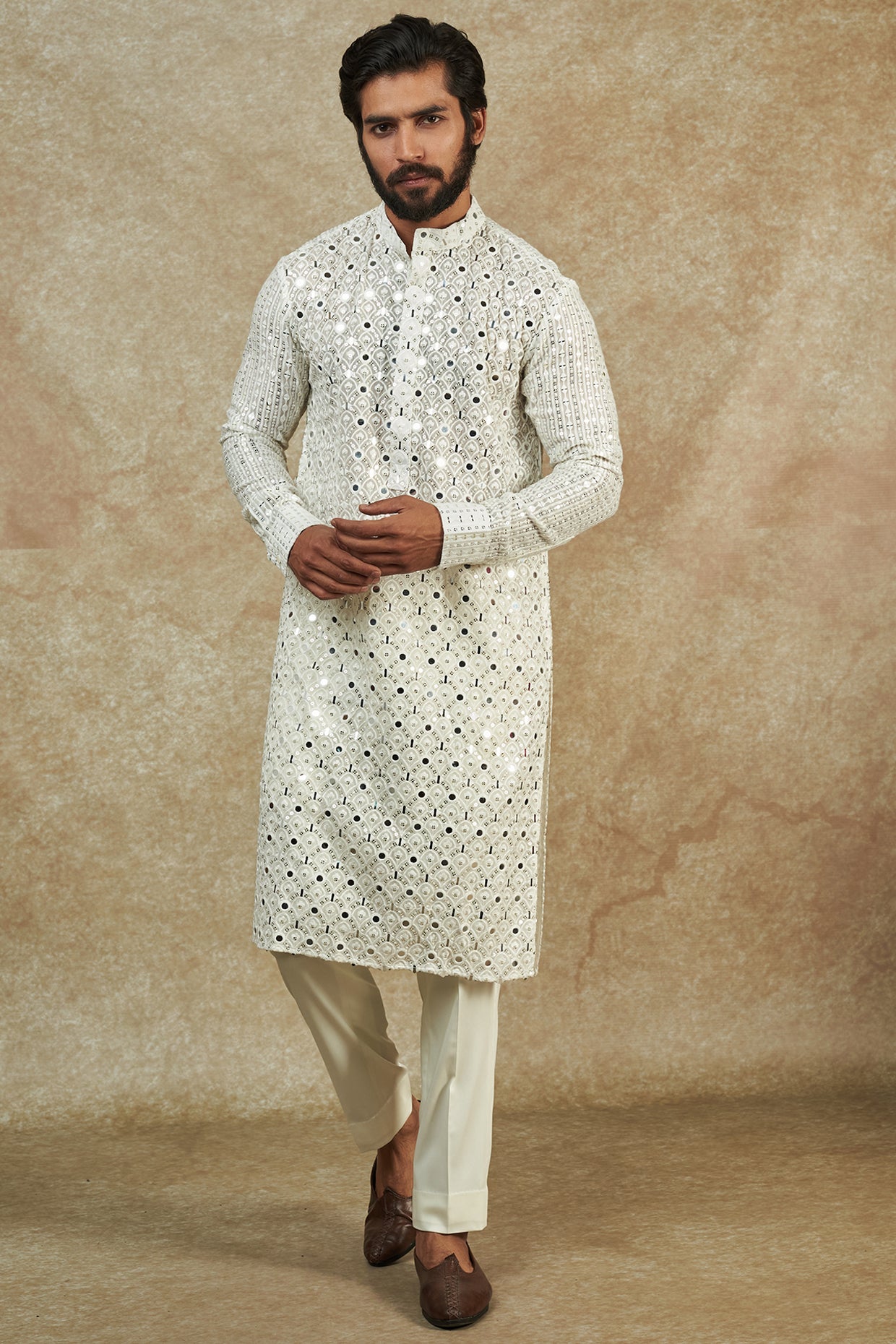 Ivory Georgette Mirror Embroidered Kurta Set