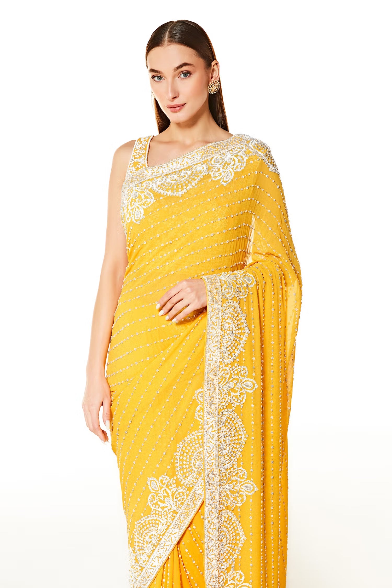 Yellow Zaynab Pearl Hand Embroidered Saree