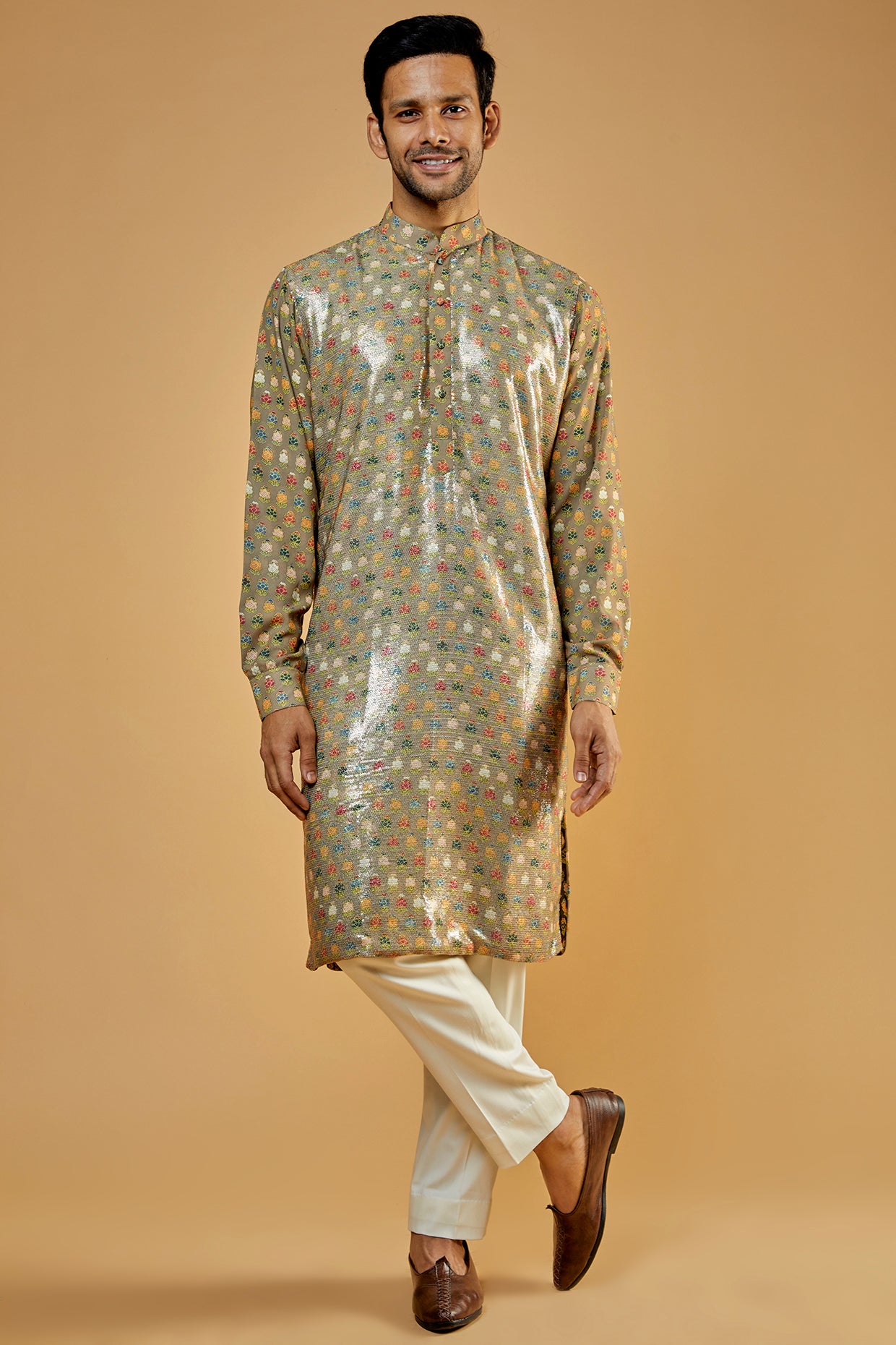 Gold Crepe Printed Sheeting Kurta Set