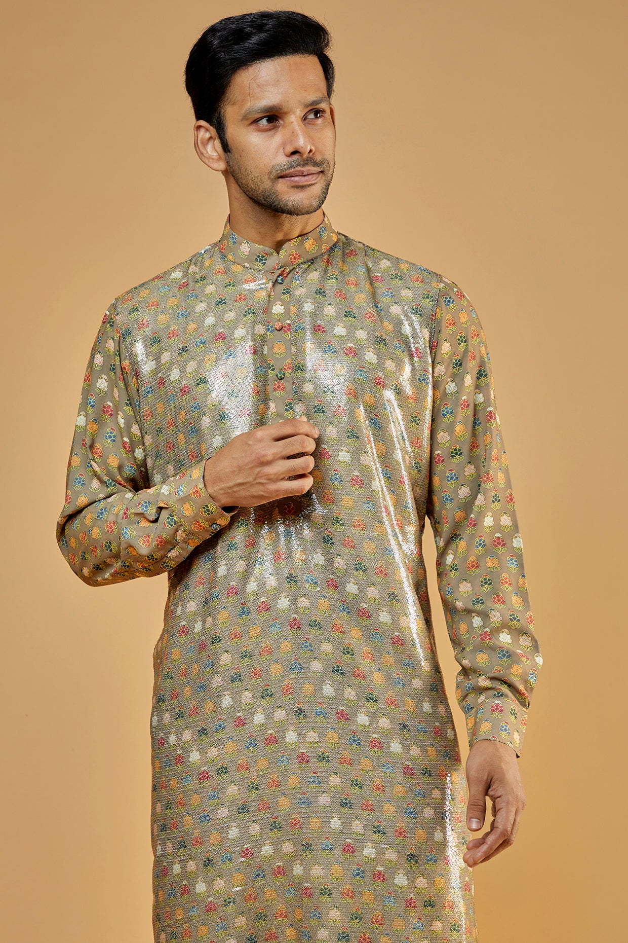 Gold Dupion Printed Sheeting Kurta Set
