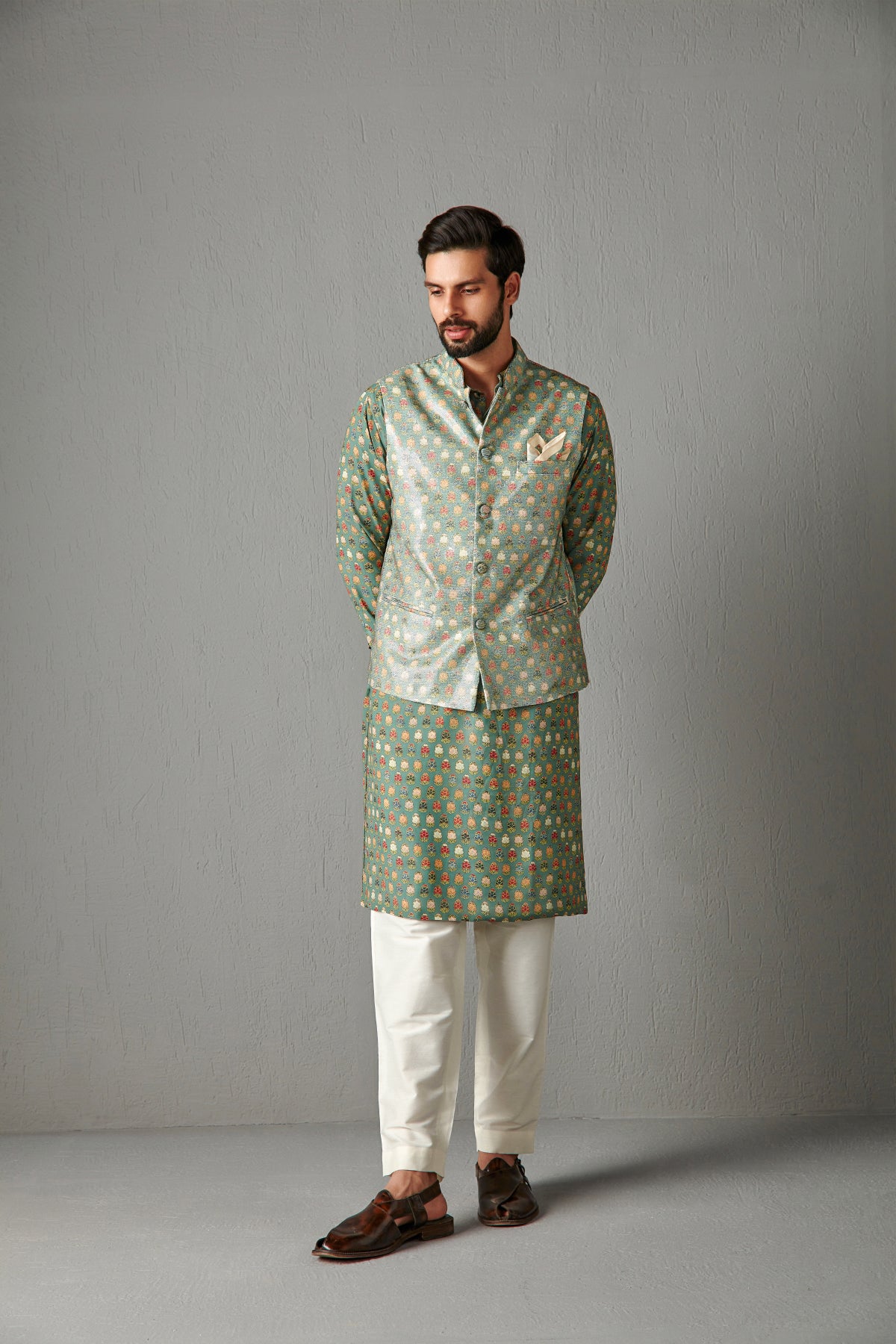 Green Georgette Kurta Set With Bundi Jacket