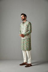 Green Georgette Kurta Set With Bundi Jacket