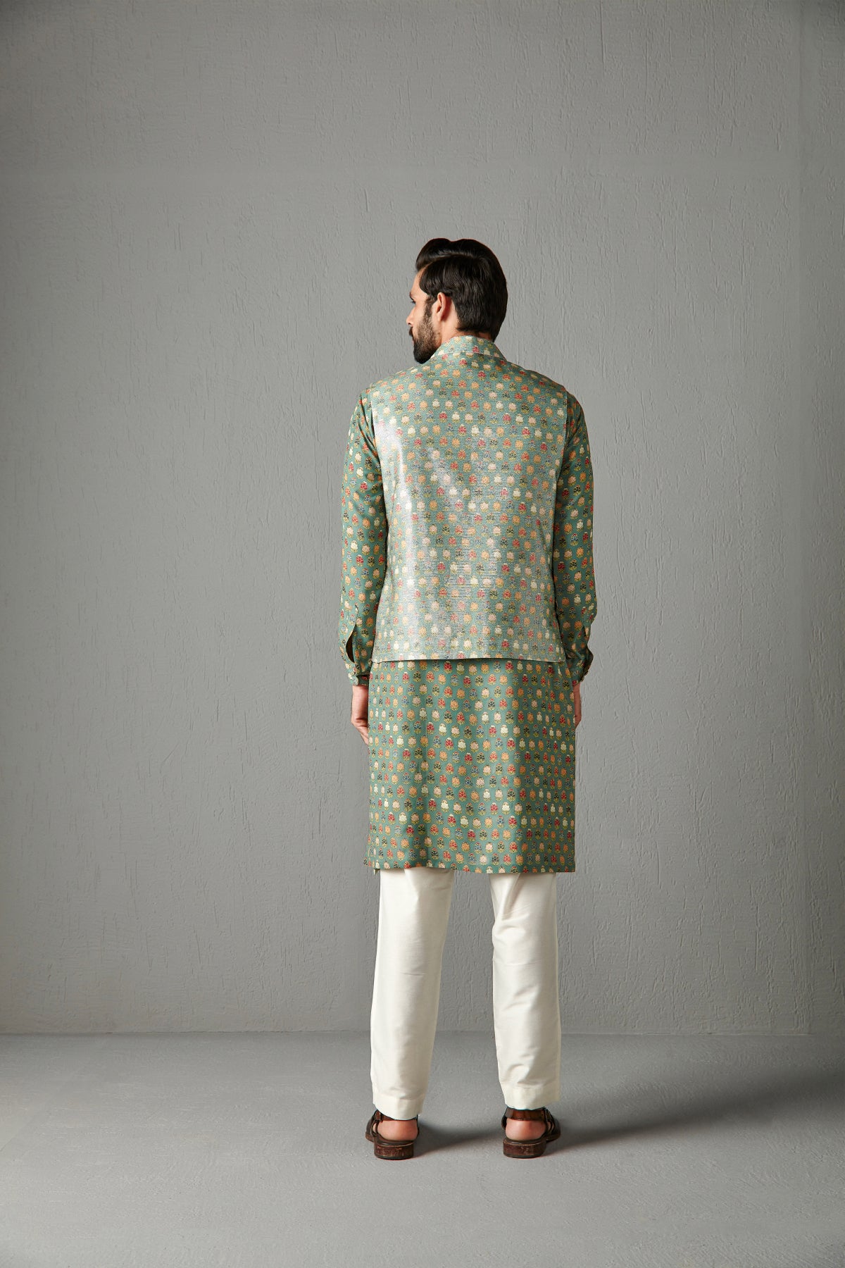 Green Georgette Kurta Set With Bundi Jacket
