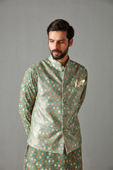 Green Georgette Kurta Set With Bundi Jacket